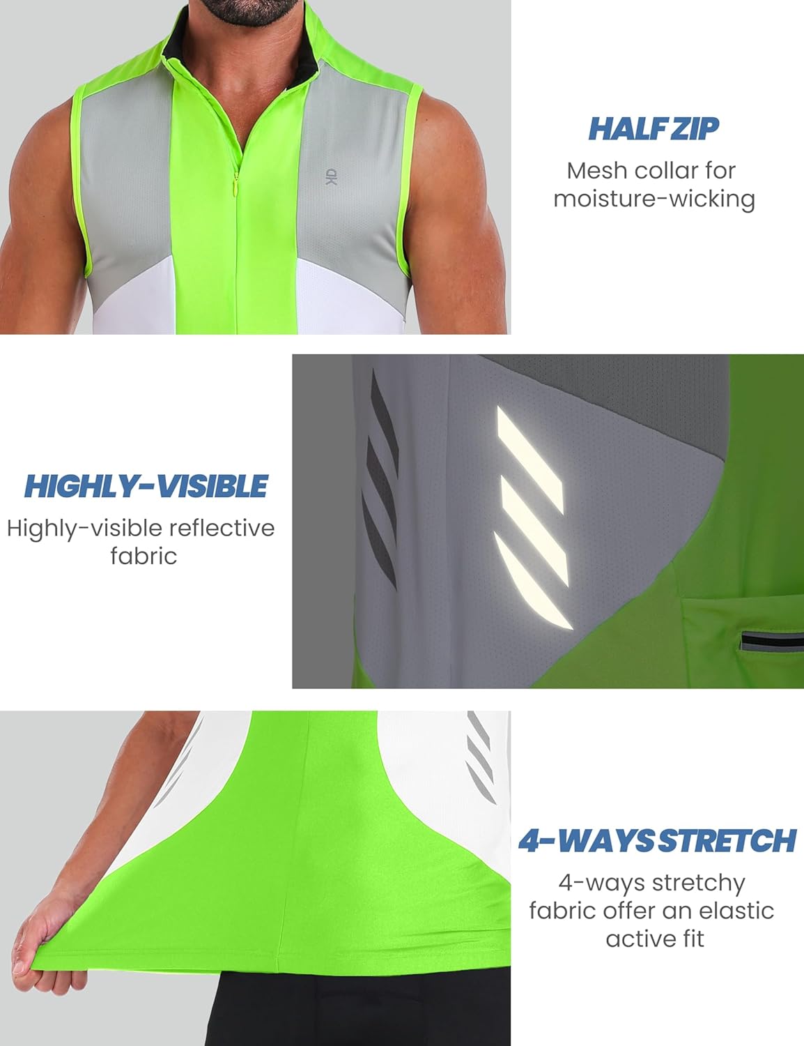 Little Donkey Andy Men's Half Zip Breathable Cycling Vests Reflective Sleeveless Jerseys Lightweight Bicycle Running - Image 5