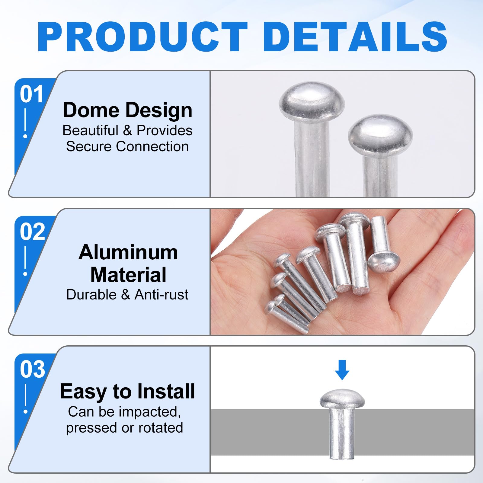 QUARKZMAN 50 Pcs Rivetti a Testa Bombata in Alluminio Solido, Diametro M6 x Lunghezza 12mm Rivetti a Testa Tonda in Alluminio per Riparazioni di Barche, Macchinari, Industria Automobilistica