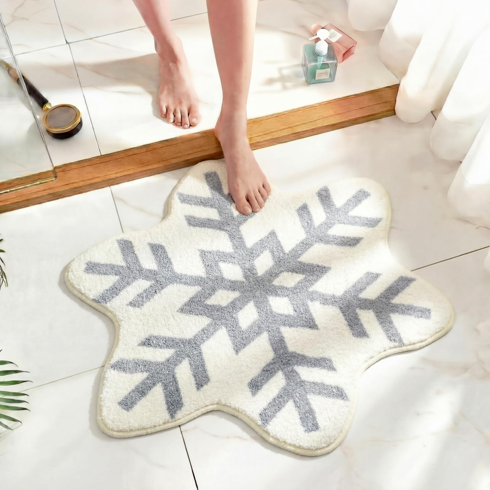 Drydiet Winter Snowflake Bathroom Rug Snowflake Bath Mat Non Slip Washable Rug Welcome Decorative White Gray Doormat for Winter Home Decor Holiday