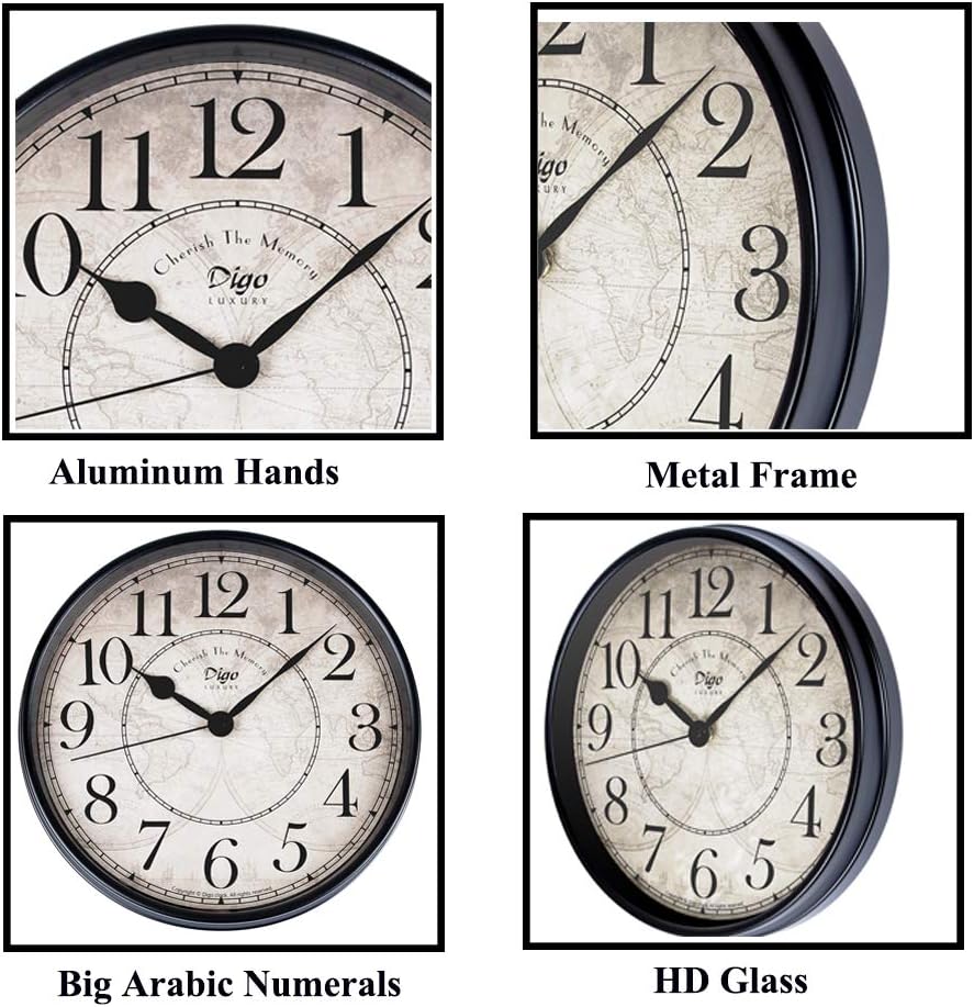JUSTUP Wall Clock, 12 inch Metal Silent Non-Ticking Retro Clock Black Vintage European Style Battery Operated with HD Glass Easy to Read for Office School Indoor Decor