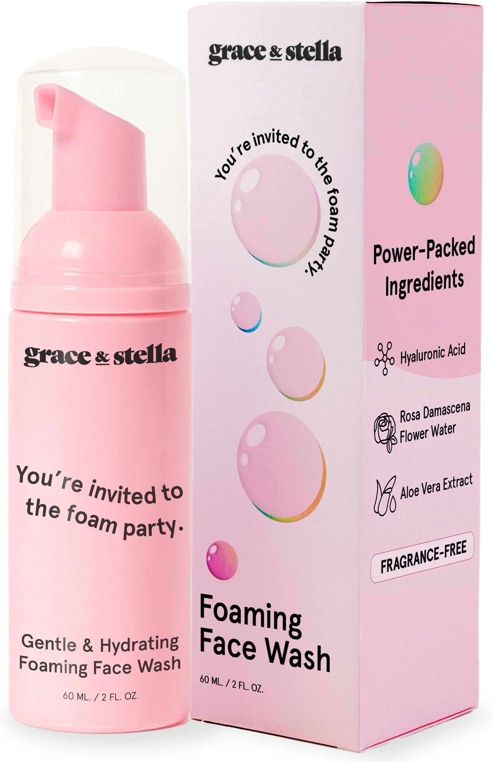 Award Winning Travel Face Wash (60ml) Hydrating & Gentle Foaming Facial Cleanser with Hyaluronic Acid, Rose Water, Aloe Vera - Moisturizing Cleansing Foam for Normal to Very Dry Skin