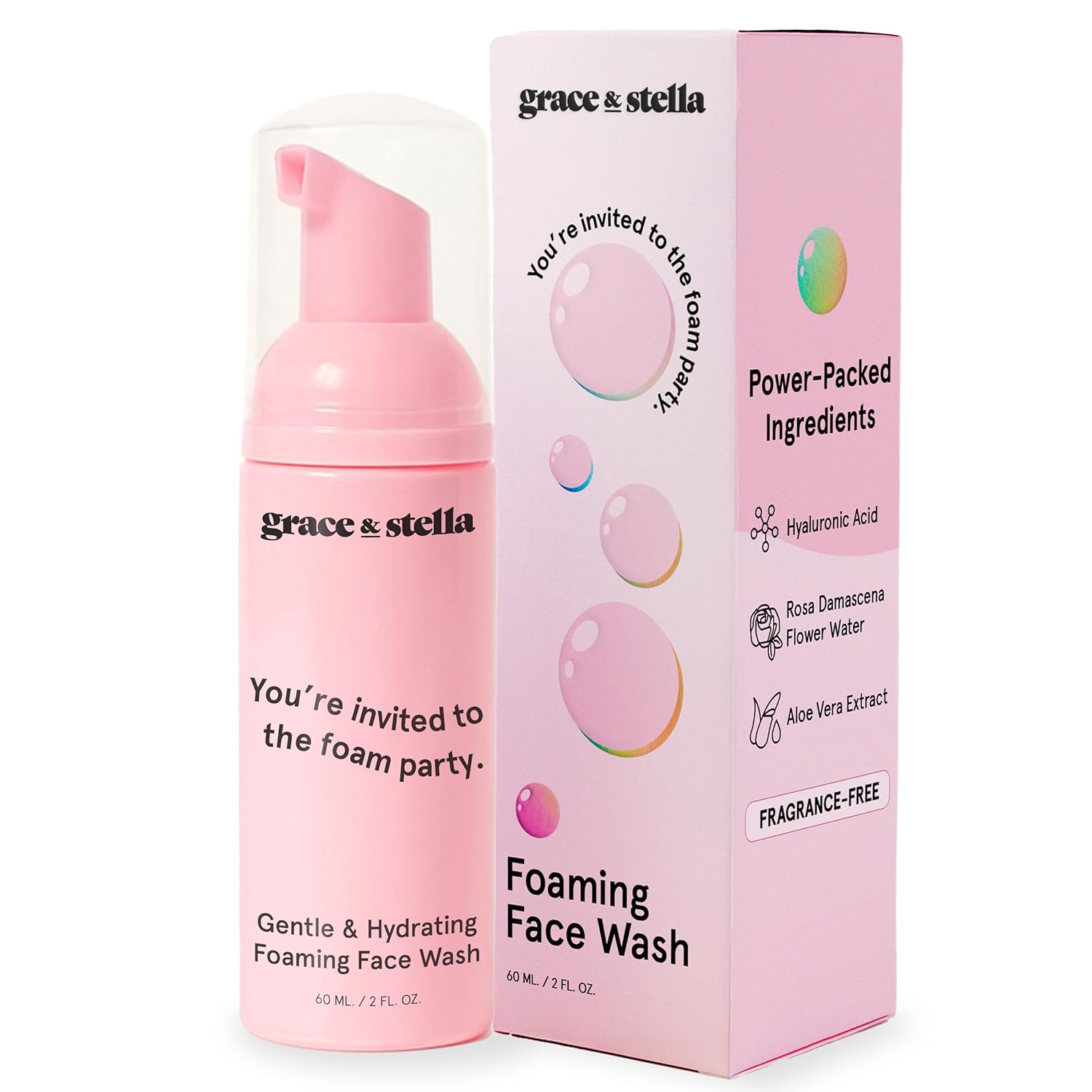 grace & stella Award Winning Travel Face Wash (60ml) Hydrating & Gentle Foaming Facial Cleanser with Hyaluronic Acid, Rose Water, Aloe Vera – Moisturizing Cleansing Foam for Normal to Very Dry Skin
