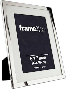 Silver Plated White Mount Photo Frame, 5"x7" 13x18cm Photo Size - Velvet Frame Backing & Stand - Real Glass Window - Tarnish Resistant - Landscape or Portrait Orientation