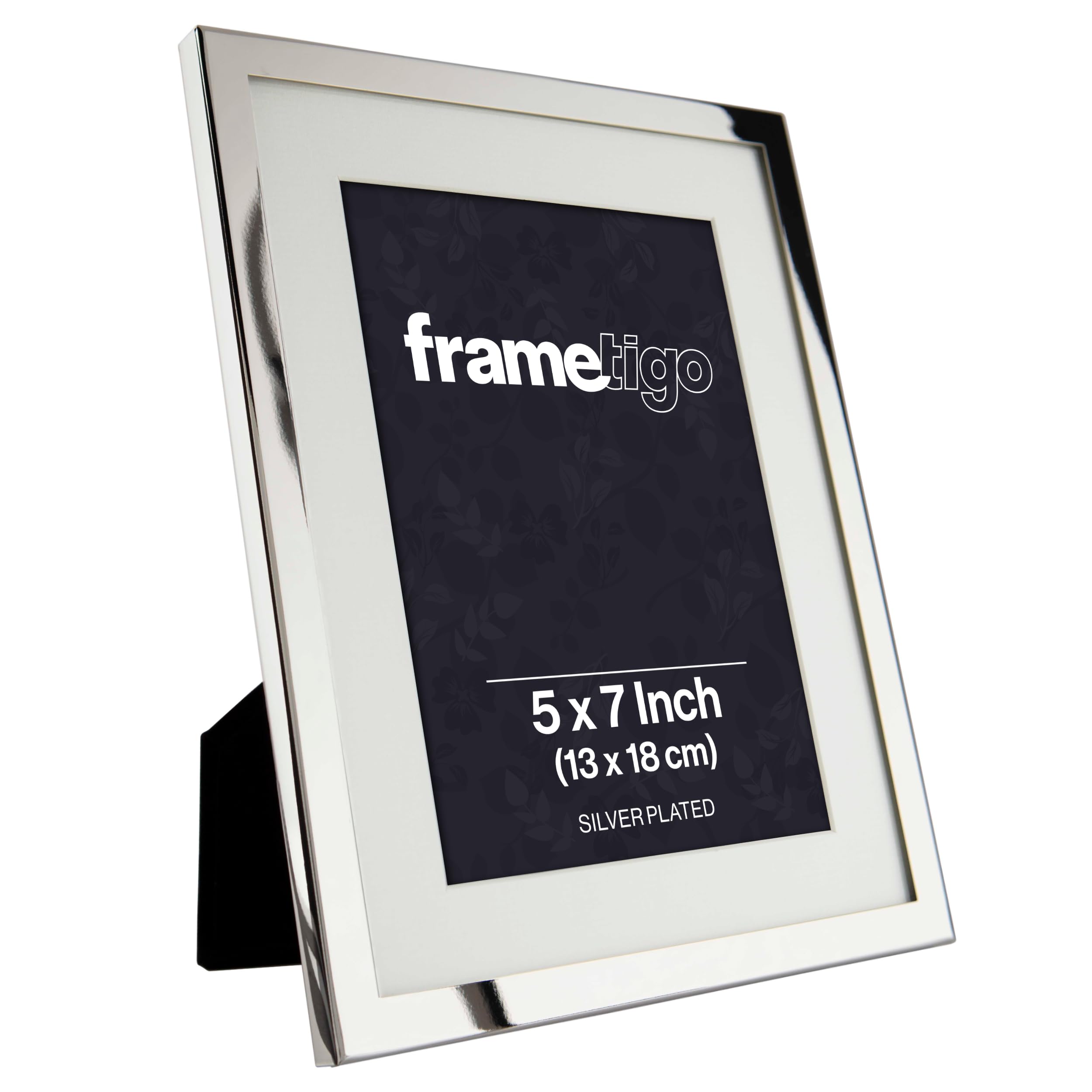 Frametigo - Silver Plated White Mount Photo Frame, 5"x7" (13x18cm) Photo Size - Velvet Frame Backing & Stand - Real Glass Window - Tarnish Resistant - Landscape or Portrait Orientation