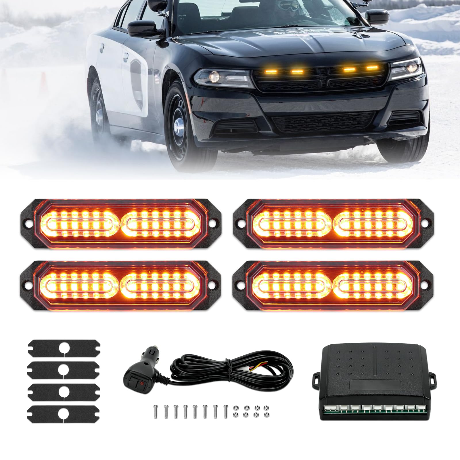 Lampe Stroboscopique Ambrée Pour Véhicules, 4PCS Feux LED Avec Boîte de Contrôle, 20 Modèles, 12V-24V Pour Voiture Van Camion