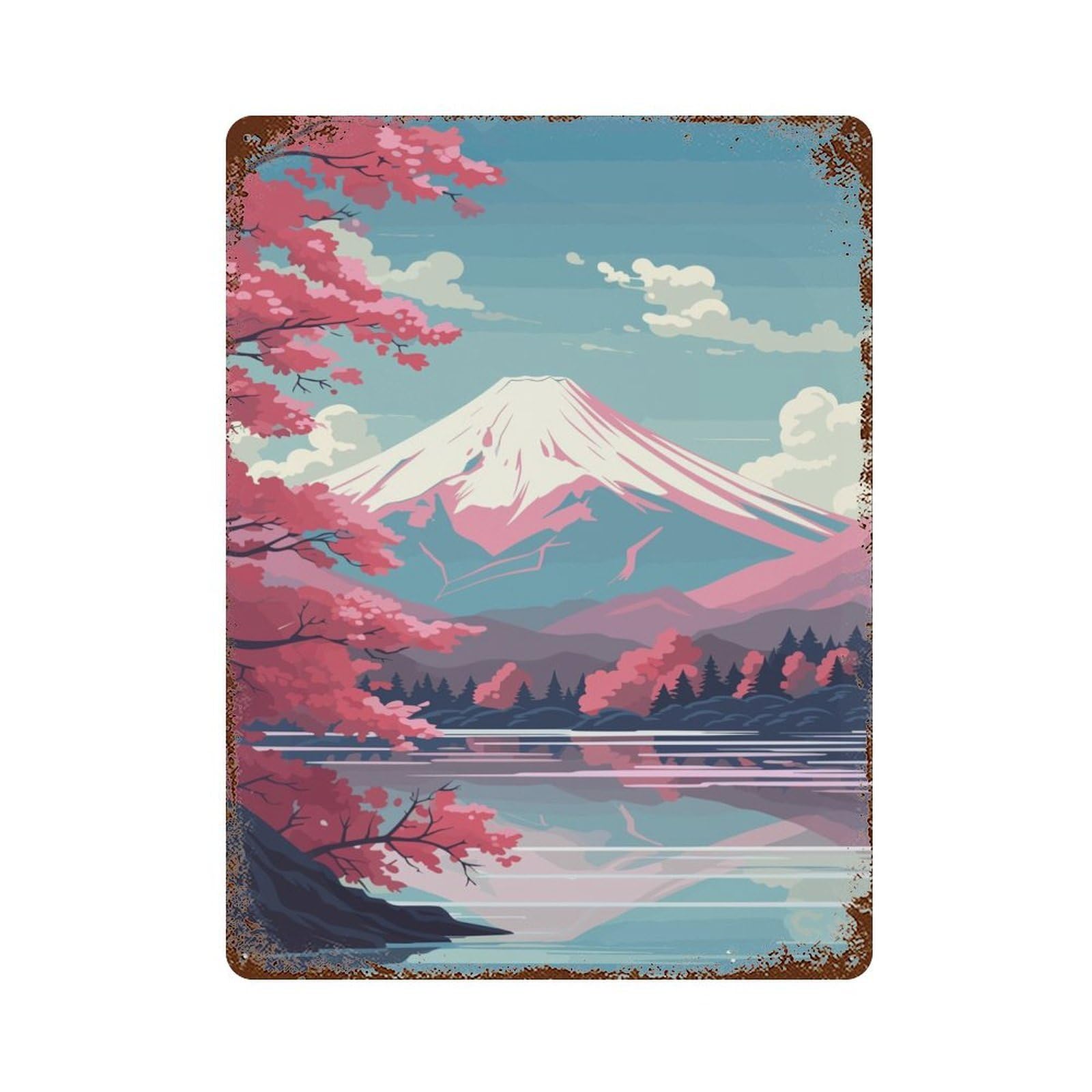 Pink Mount Fuji Sakura Decorative Tin Sign 15.7"x11.8", Ideal for Basement, Hobby Room And Garage Decor