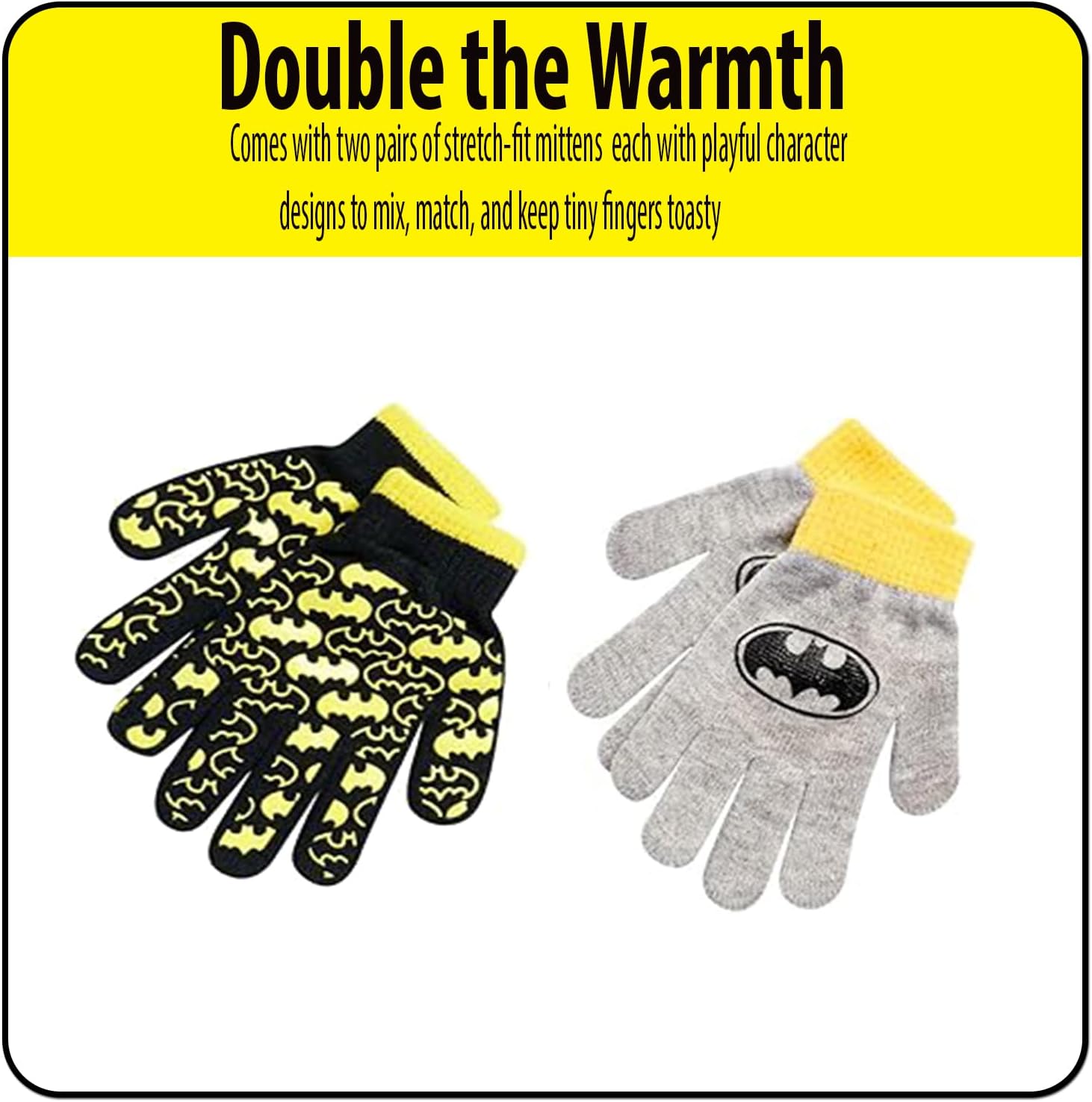 DC Comics Boys Batman Winter Hat 2 Pair Gloves or Mittens Set (Toddler/Little Boys) Size Age 4-7,Batman Winter Hat and Gloves With Handwarmers - Image 3