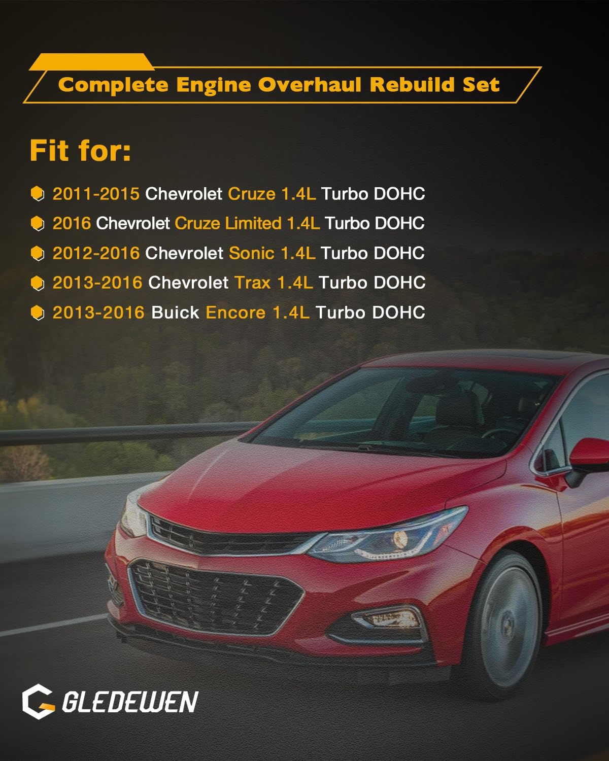 Head Gasket Set & Timing Chain Kit & Piston & Rings Set 1.4 L, Compatible with 2011-2016 Chevy Sonic/Trax/Cruze, Buick Encore Engine Overhaul Rebuild Set, HS26540PT-1, HSCV001 Head Bolts, Rod Bearings Head Gaskets+Bolts+Timing+Piston+Rod Bearing