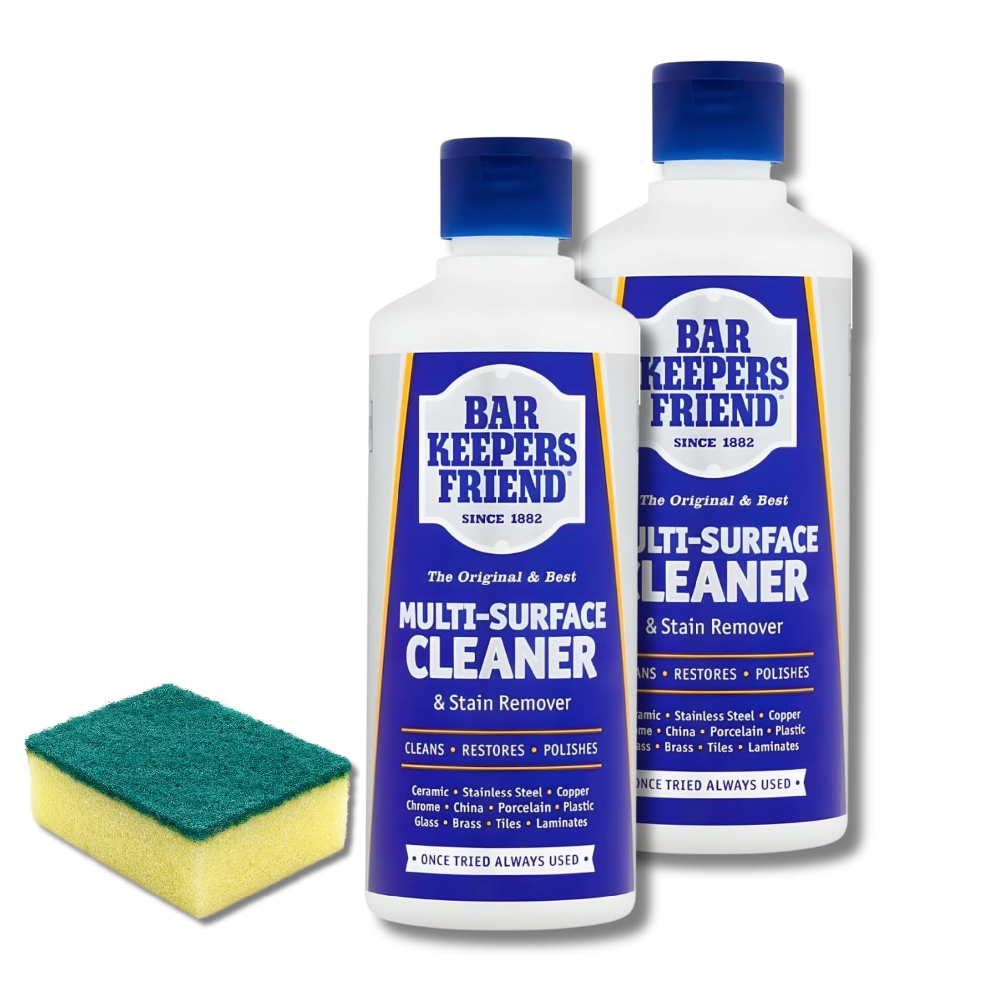 beauty mixBar Keepers Friend Multi-Surface Household Cleaner & Stain Remover Powder, 2 x 250g Pack, with Cleaning Sponge, Powerful All-Purpose Cleaner for Tough Stains, Limescale, and Grime