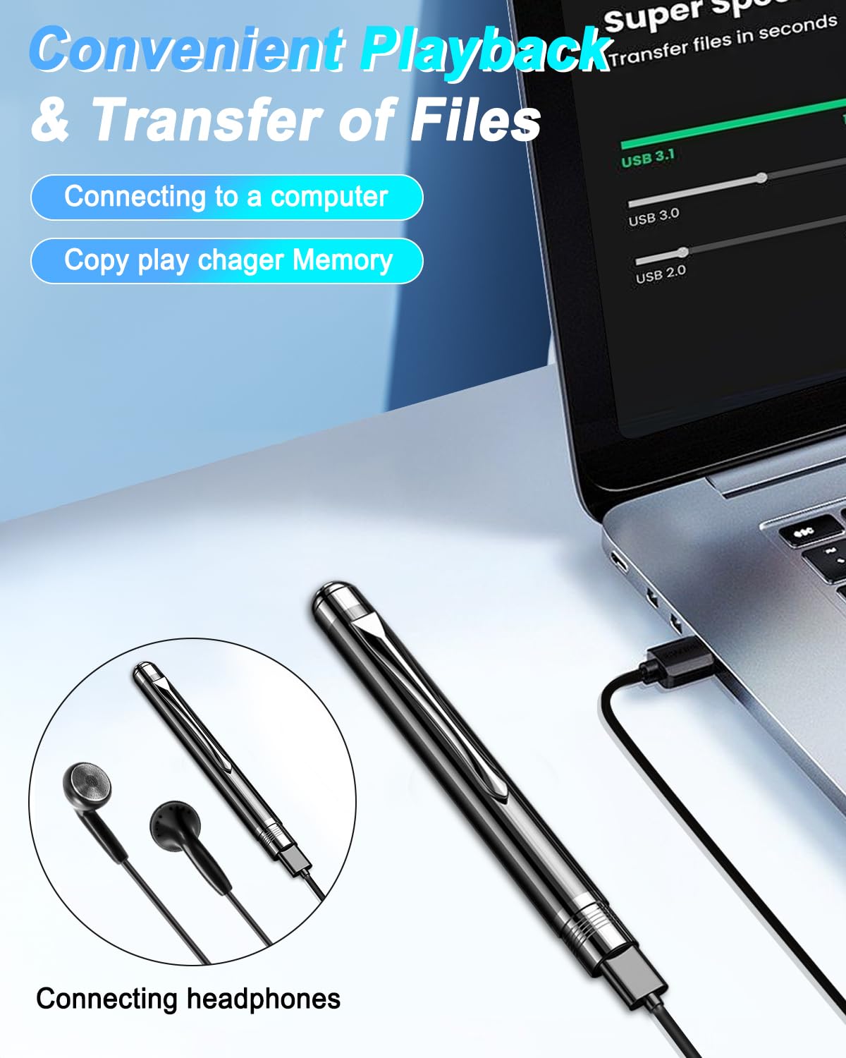 Mini Diktiergerät 64GB, Aufnahmegerät mit 768 Stunden Kapazität, Voice Recorder Pen mit Rauschunterdrückung, EIN-Knopf-Aufnahme, Zeitstempel, Mini Diktiergerät für Meetings,Vorlesungen