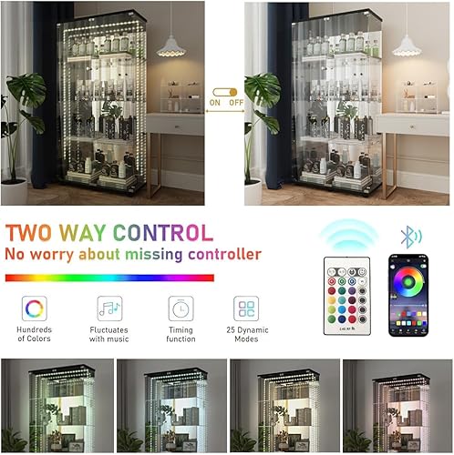 Miniatura 31 de Vitrina de cristal con 4 estantes con tira de luces LED y cerradura, vitrina de vitrina con ruedas y 1 puerta, vitrina de vidrio templado para sala