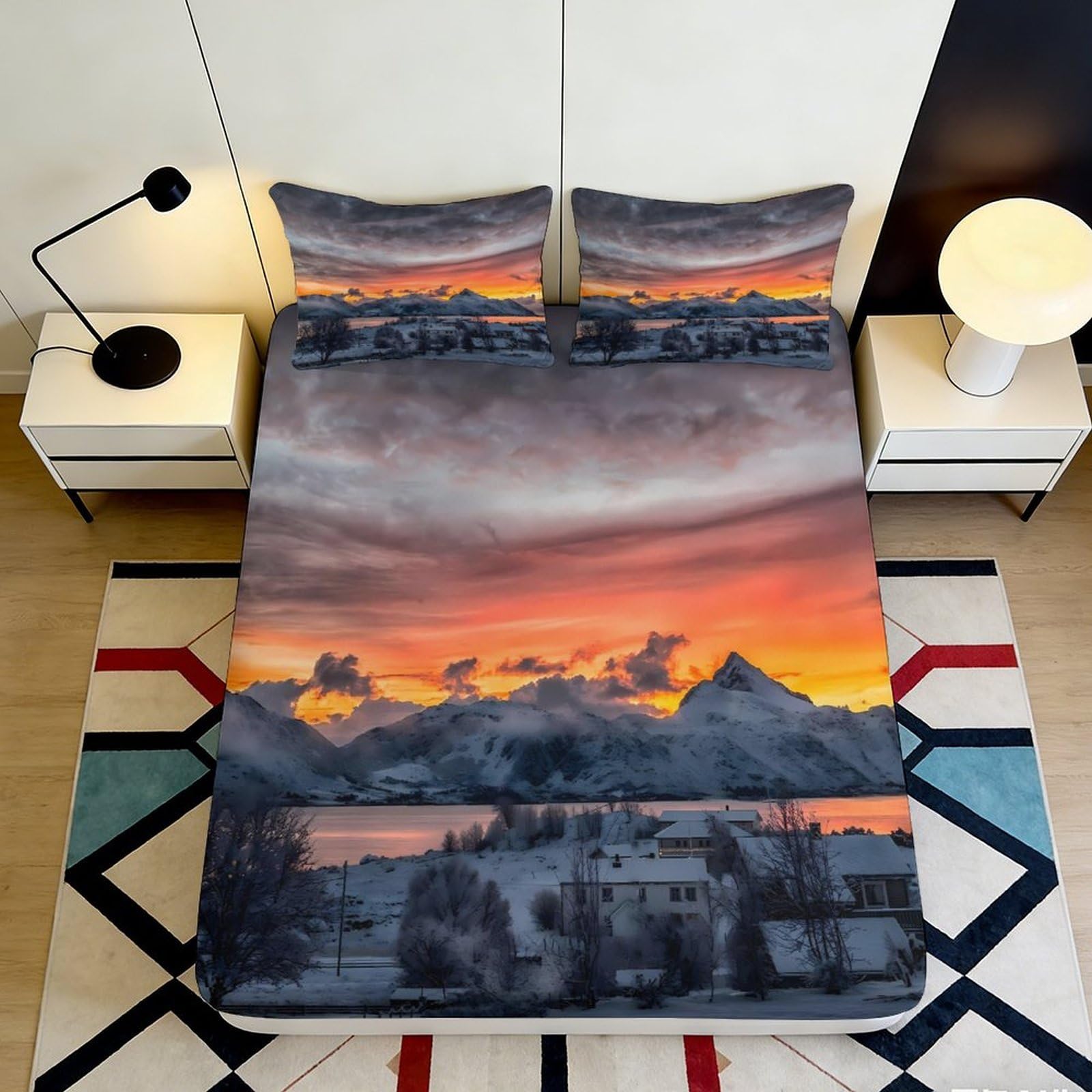 3D Printed Sunset Mountain Fitted Sheet Microfiber Bedroom Decor Winter Landscape Bed Cover Anti-Slip Machine Washable 90x200x25cm