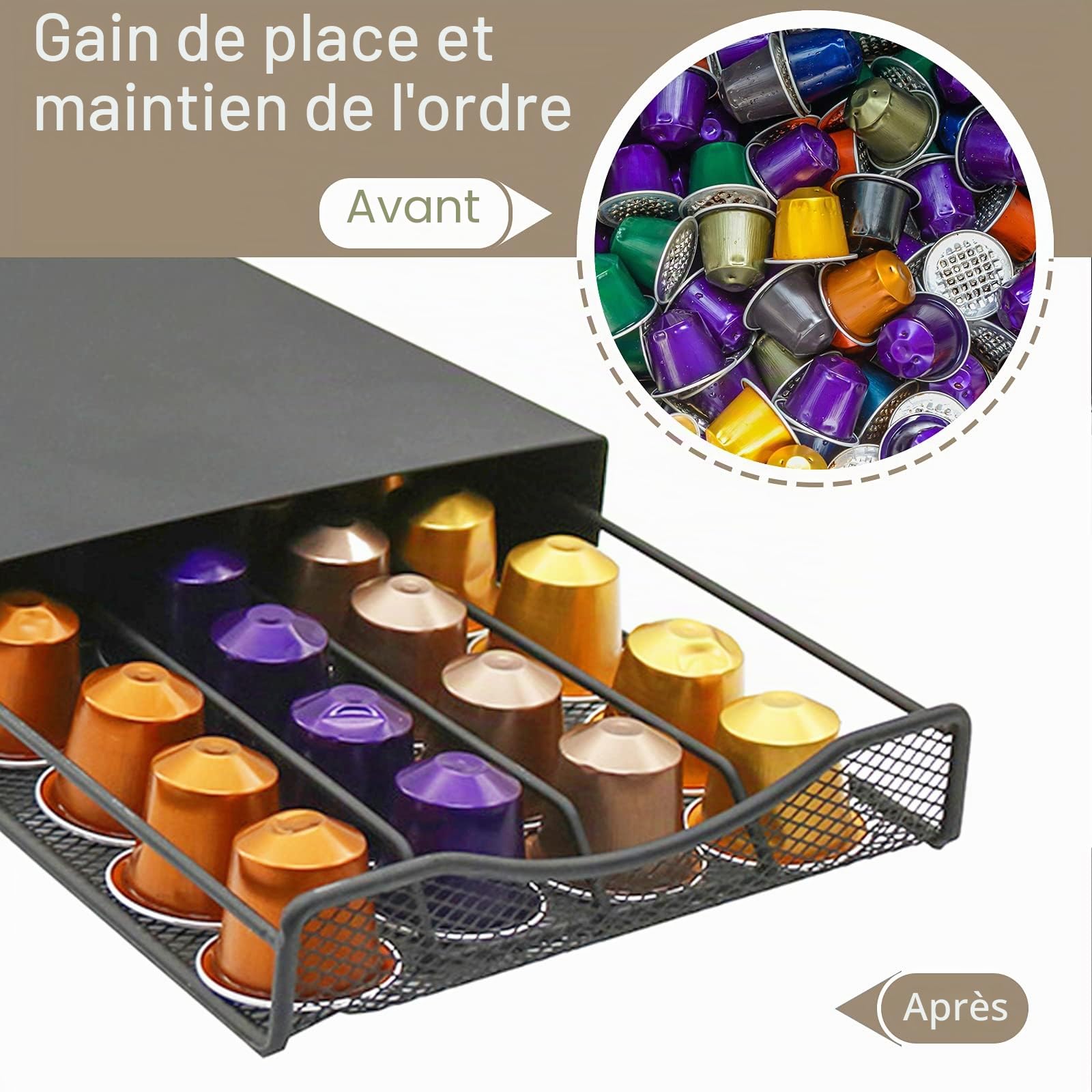 Porte Capsules Vleuexe Tiroirs à Capsules de café Organisateur Support à capsules à café 40 Pcs,Tiroir en maille de Plateau Rangement Stockag e Pour Machine à Café de Dosettes de Café