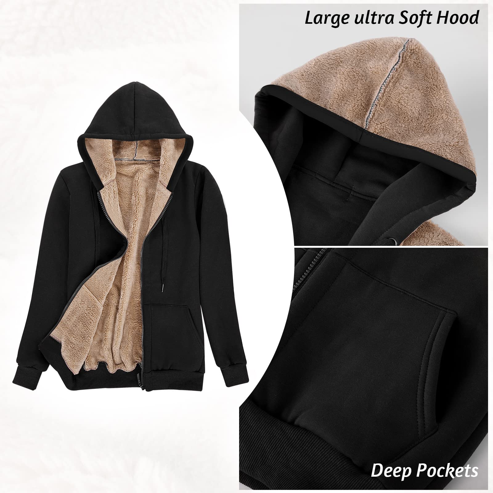Voqeen Felpe Donna con Cappuccio Caldo Felpa in Peluche Cerniera Coulisse con Tasca Cappuccio Cordoncino Manica Lunga Sweatshirt Hoodies Cappotto Giacca Autunno Inverno
