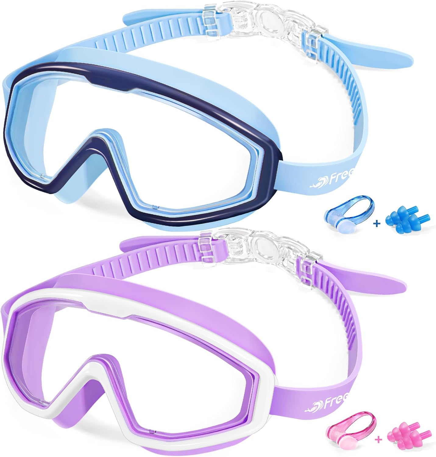 Freela Goggles for Kids Toddler 3-15, Anti Fog No Leak Clear Swim Goggles for Boys Girls Pool Beach Swimming 3.light Blue & Purple