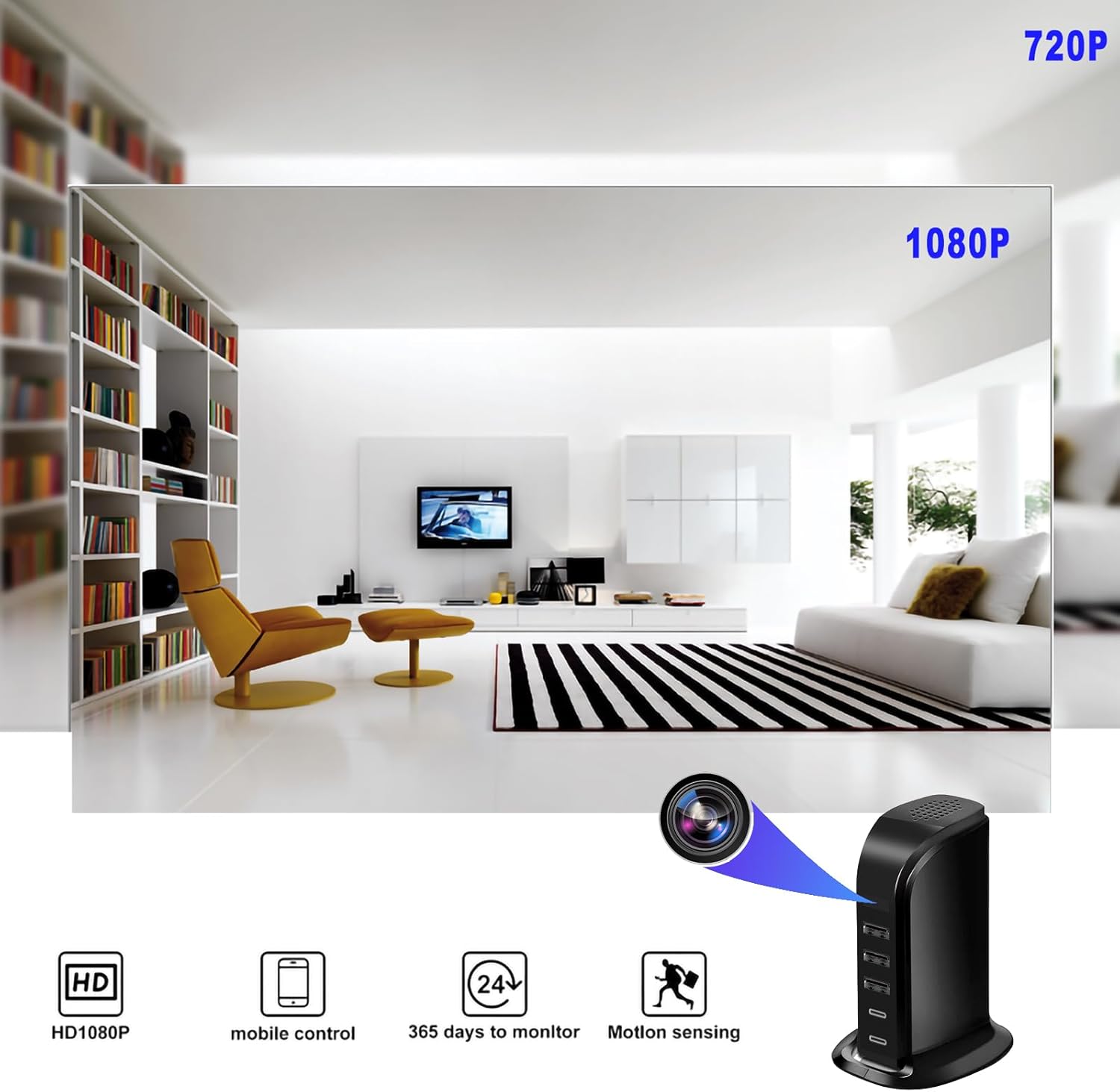 1080P WiFi Security Portable Cameras，USB Charger Camera for Home Surveillance Security Night Vision for Home, Baby, Pet