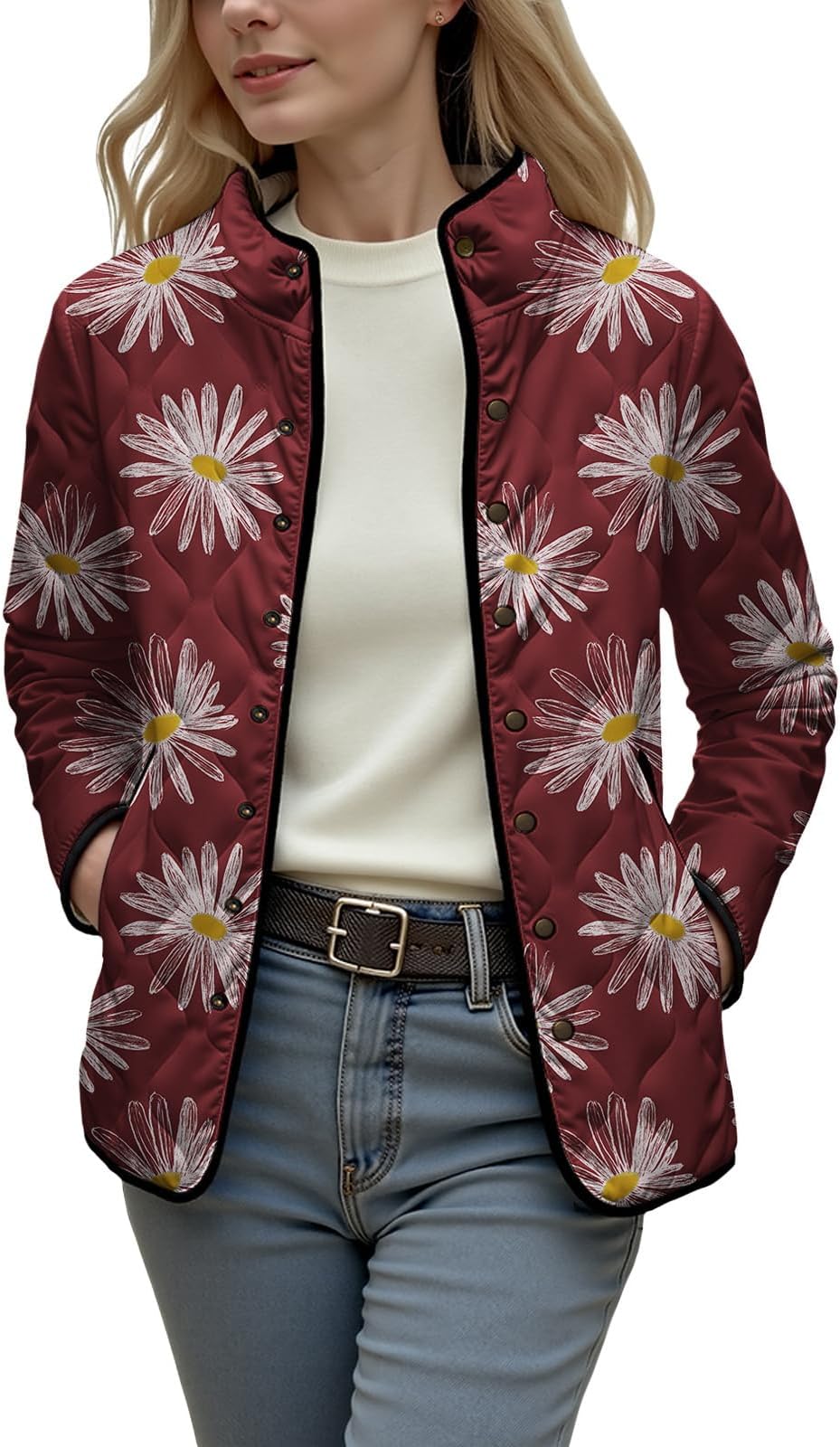 - Button Down Quilted Puffer Jacket for Women Fall Winter Daisy Floral Print Long Sleeve Outerwear Jackets with Pockets