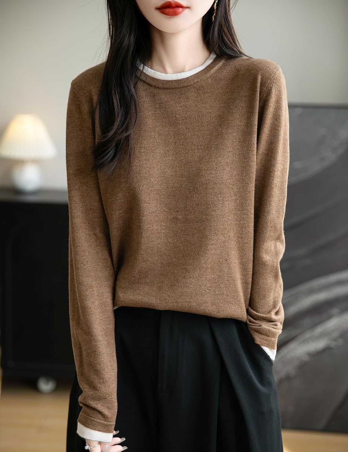 Women's Merino Wool Blend Sweater Fall Winter Fake Two Piece Color Block Shirt Crewneck Long Sleeve Knit Pullover - Image 2
