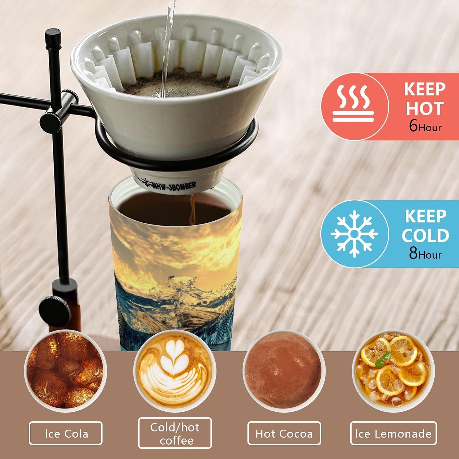 Insulated Coffee Mug Underwater Fish Sunset with Straw & Flip Lid, 16.9oz Iced Tumbler Cup, Double Wall Vacuum Mug for Travel Office Camping