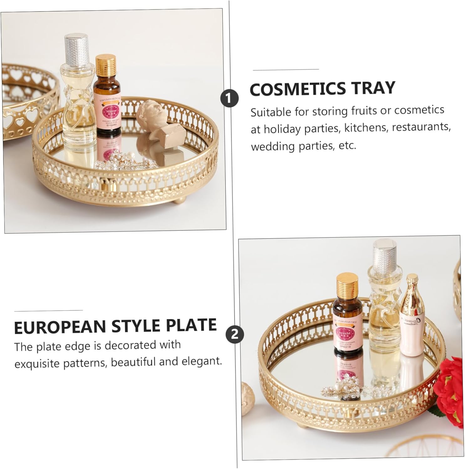 European Style Glass Mirror Tray Decorative Jewelry Organizer and Cosmetics Storage Tray for Dresser Vanity and Bathroom Frame Design