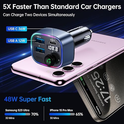 Miniatura 3 de Syncwire Bluetooth 5.3 Transmisor FM Adaptador de coche 48W (PD 36W y 12W) Interruptor de luz Bajo Profundo HiFi Carga Rápida Adaptador de Música de