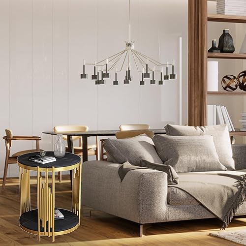 Miniatura 5 de HM&DX Mesa auxiliar redonda de mármol de 2 niveles, mesa auxiliar con marco de metal de pizarra con estantes de almacenamiento, moderna y creativa