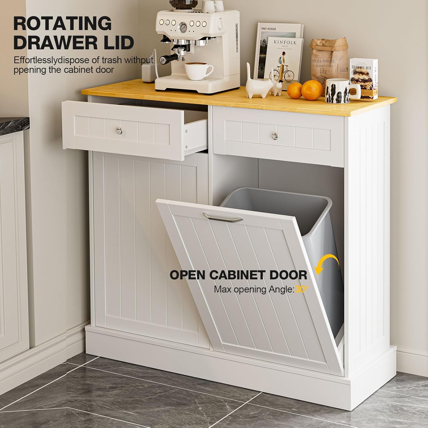 Tilt-out cabinet door and rotating drawer lid