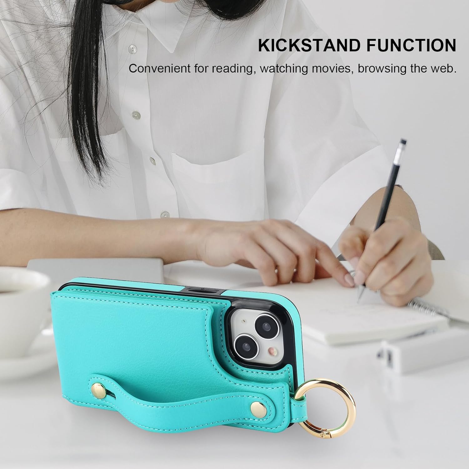 Folosu for iPhone 15 Wallet Case with Card Holder, Hand Wrist Strap Loop Holder Kickstand, RFID Blocking Finger Grip Ring PU Leather Double Buttons Shockproof Cover 6.1" Green - Image 6