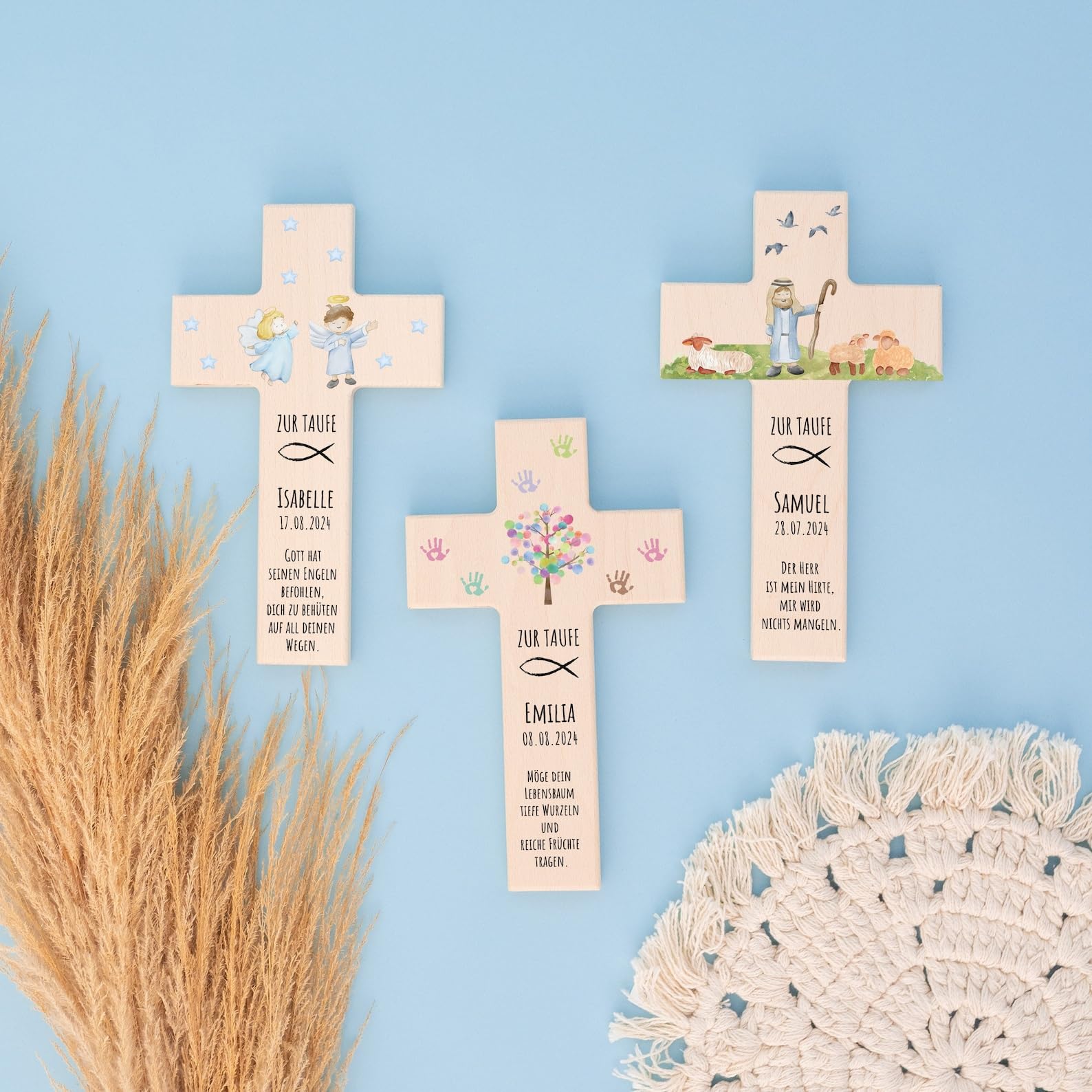 Bärenfreunde - Personalisiertes Taufkreuz mit hochwertigem Spezial-Druck aus massivem Buchenholz - Taufe Geschenk - Holzkreuz Taufe (Regenbogen Blumen)