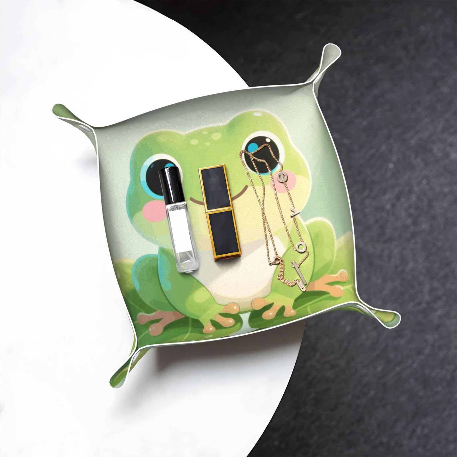 Cute Frog Valet Tray Organizer Pu Leather Travel Catchall Tray Organizer Portable Jewelry Tray Storage Keys Tray for Entryway Table Coins Watches Candy