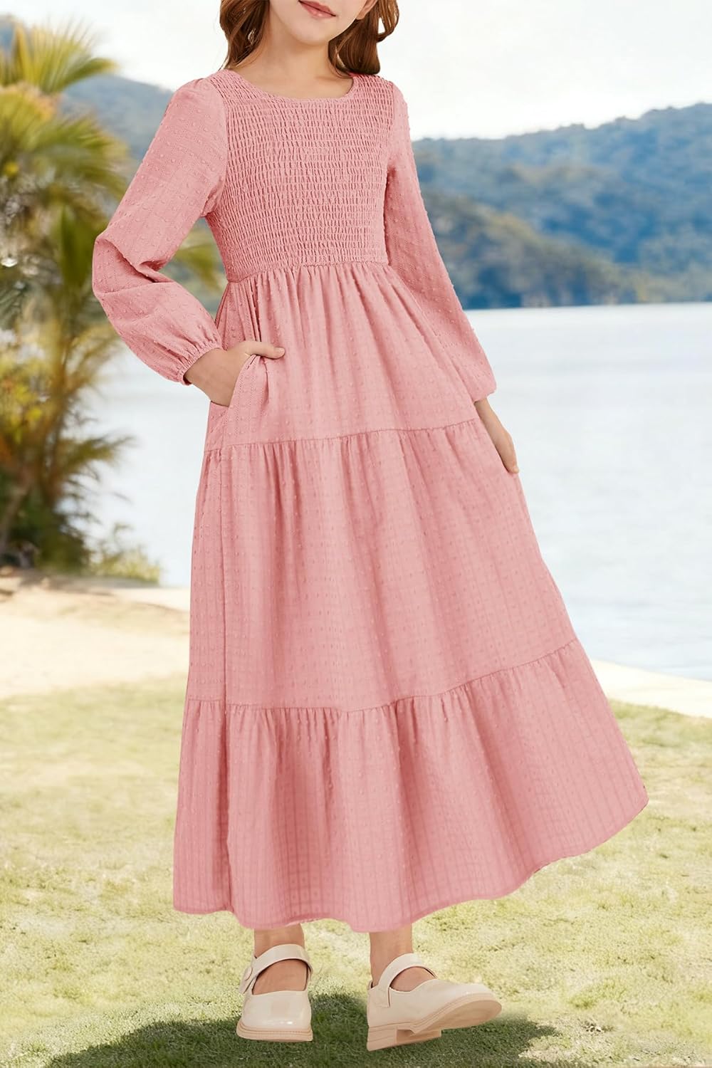 HOSIKA Tween Girls Fall Puff Long Sleeve Smocked Swiss Dot Tiered A-line Flowy Maxi Dress with Pockets 6-12 Years - Image 3