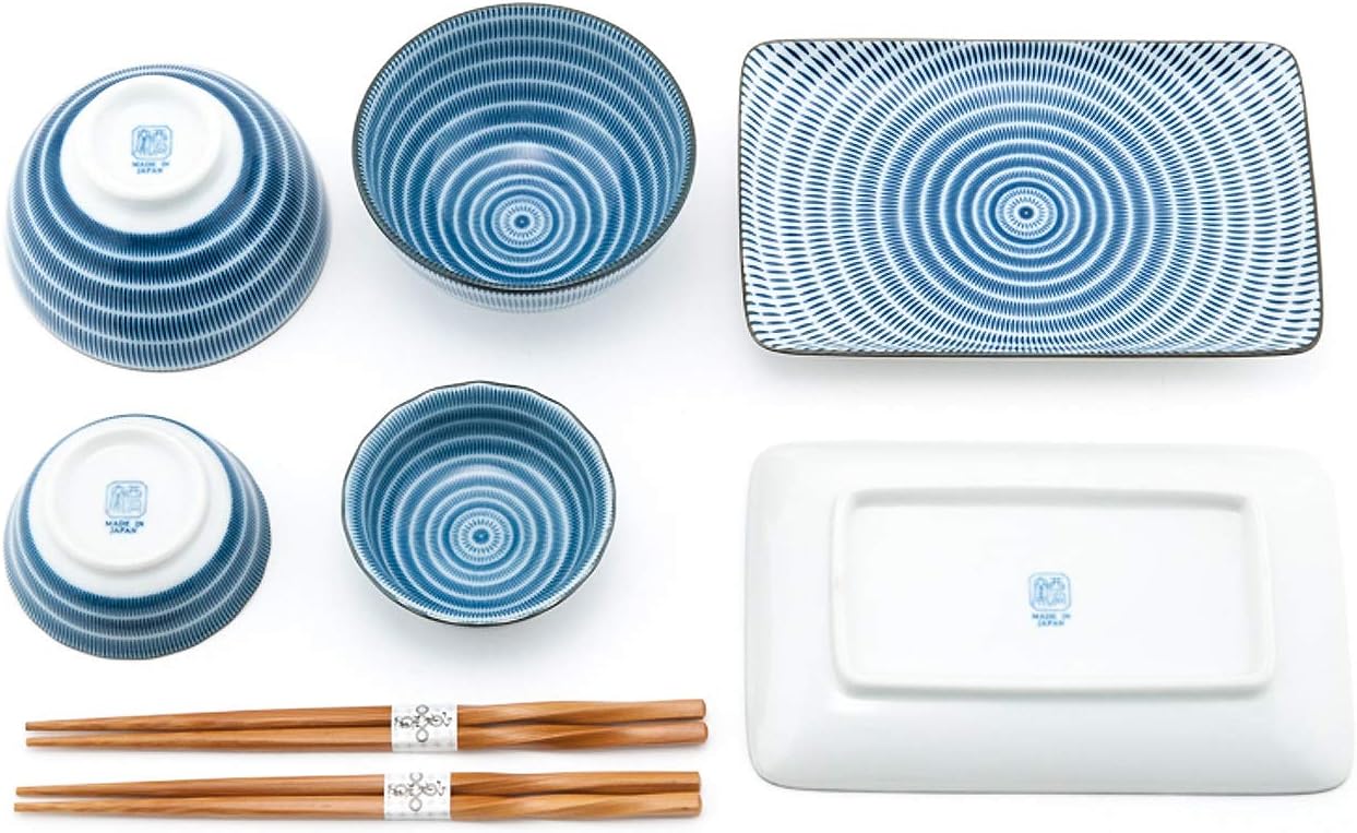Happy Sales HSDS-FCSBLU, 8 Piece Japanese Dinnerware Sushi Plate Set, Blue Tokusa