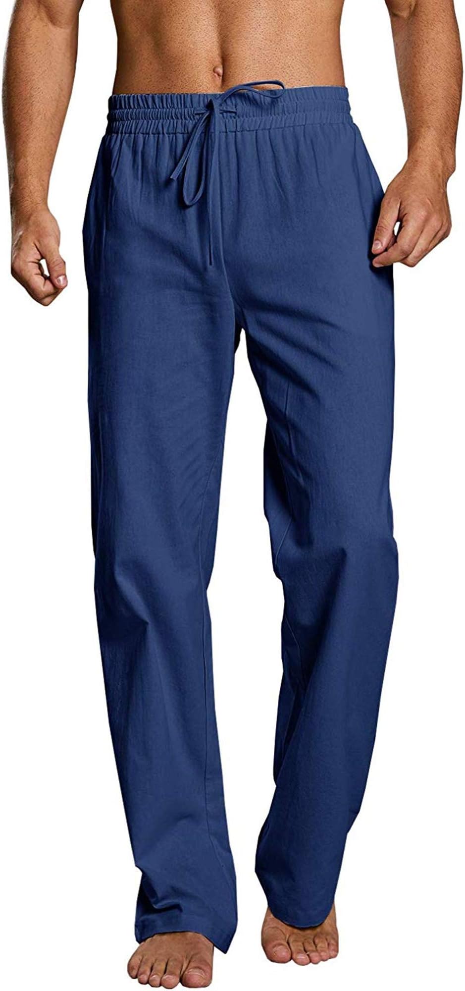 Enjoybuy Mens Summer Cotton Linen Long Casual Pants Elastic Waist Loose Fit Beach Pants (X-Large, 02-Blue)