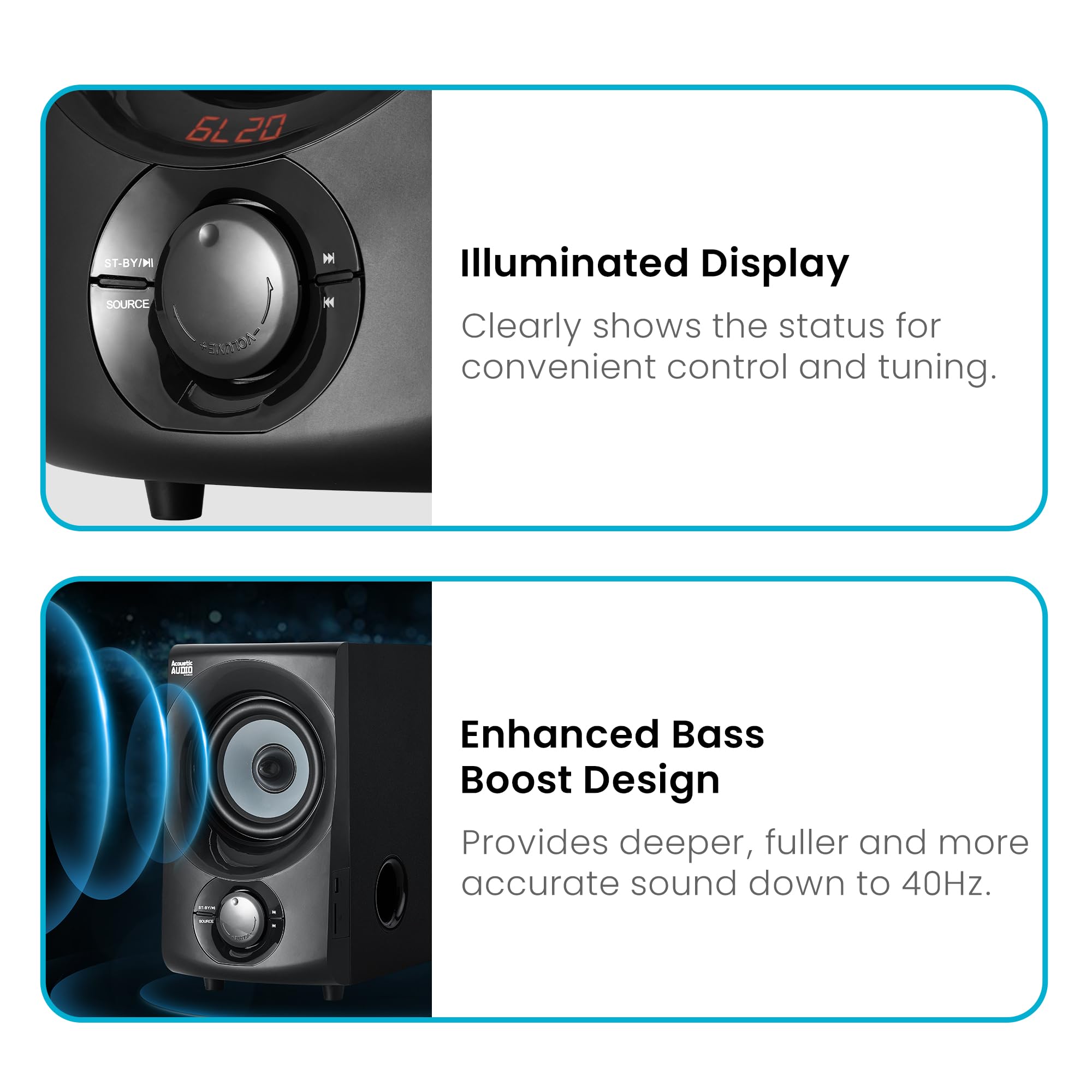Acoustic Audio by Goldwood Sistema de altavoces Bluetooth 2.1 de 2.1 canales, sistema de altavoces de cine en casa, con entradas ópticas/auxiliares/USB/SD negro (AA2172)