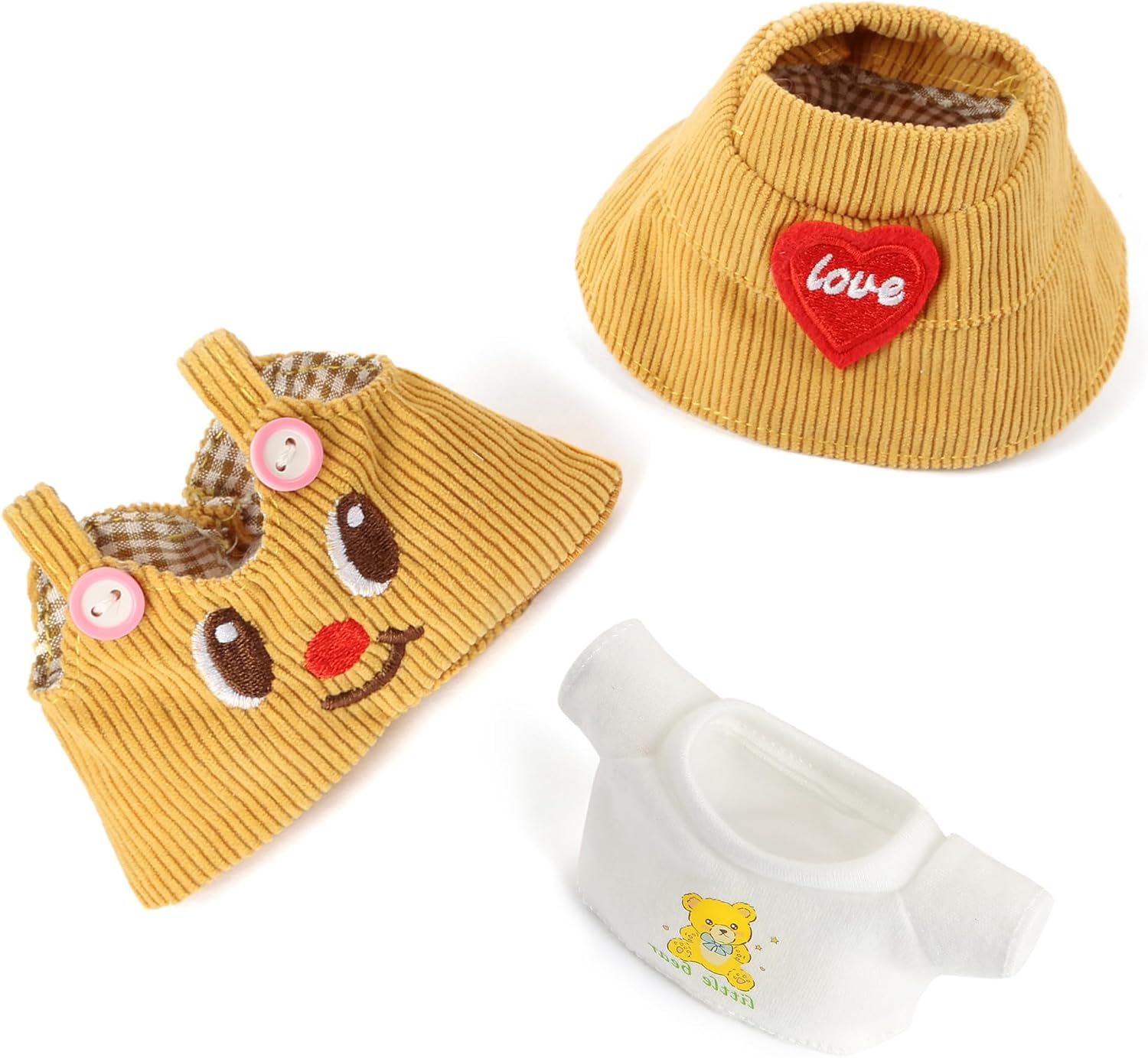 3-Piece Doll Clothes for Labubu & 17cm Dolls – Stylish Fisherman Hat Set, Kawaii Doll Outfits with Accessories for Collectors or Display - Yellow Smiley (No Dolls)