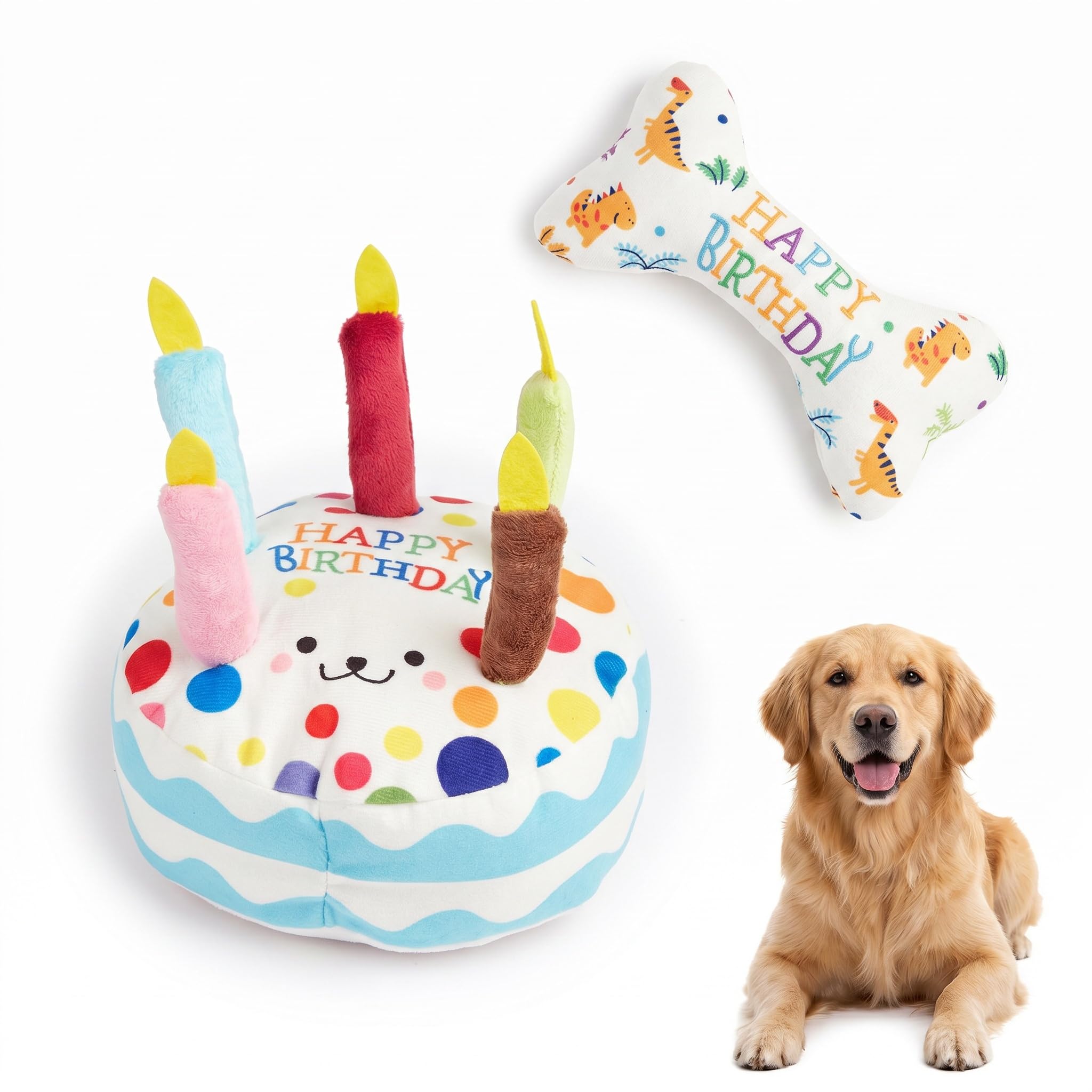 MIGIFTDY 2Pcs Dog Birthday Cake Toy Set, Birthday Cake Squeak Plush Chew Toy & Bone