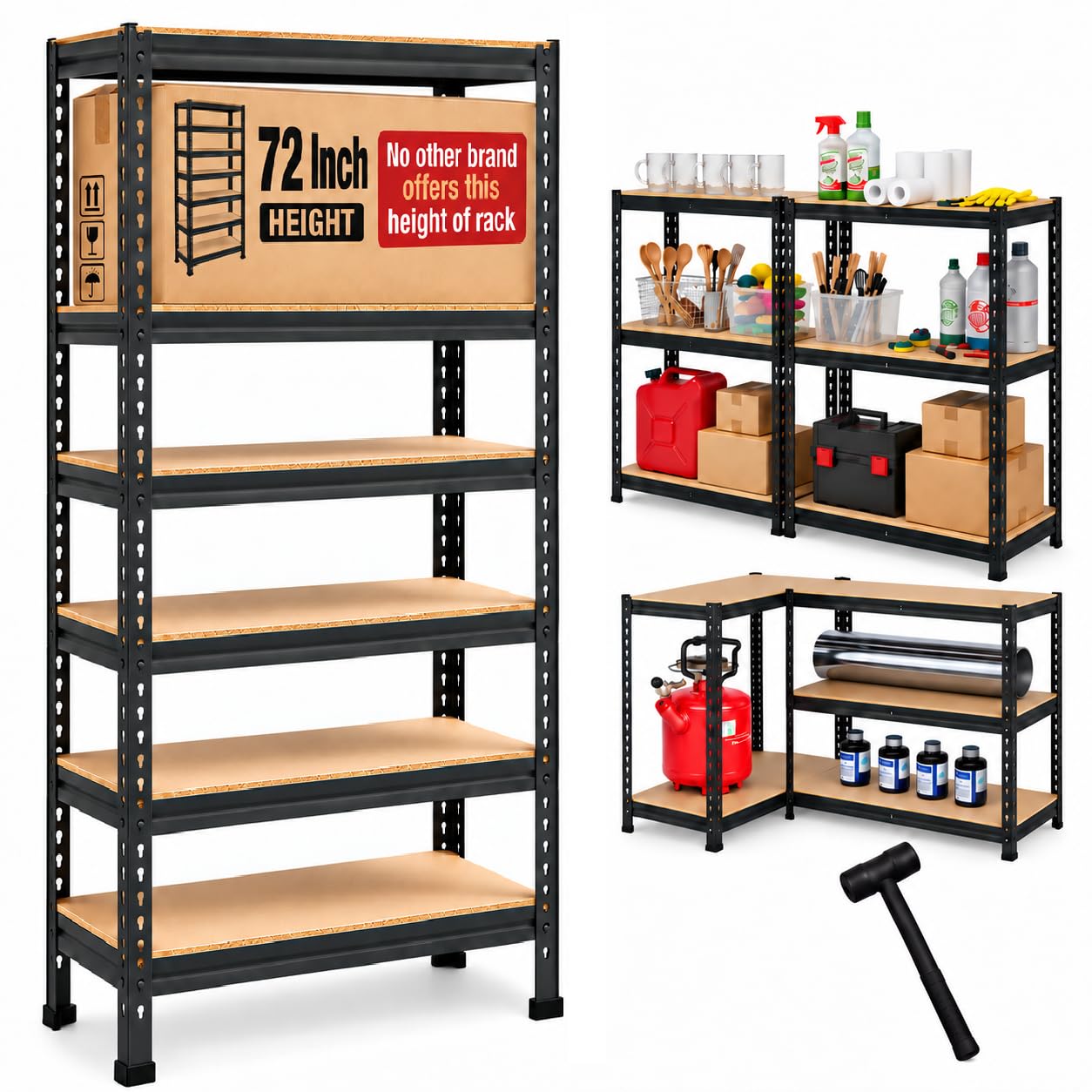 Robustt 6-Tier 72" Height Multipurpose Storage Rack |72x24x12 Inch| Bolt-Free Assembly | Metal Stand with MDF Board |175kg Capacity Per Shelf | Adjustable Shelf Rack for Home, Garage, Shop & Warehouse