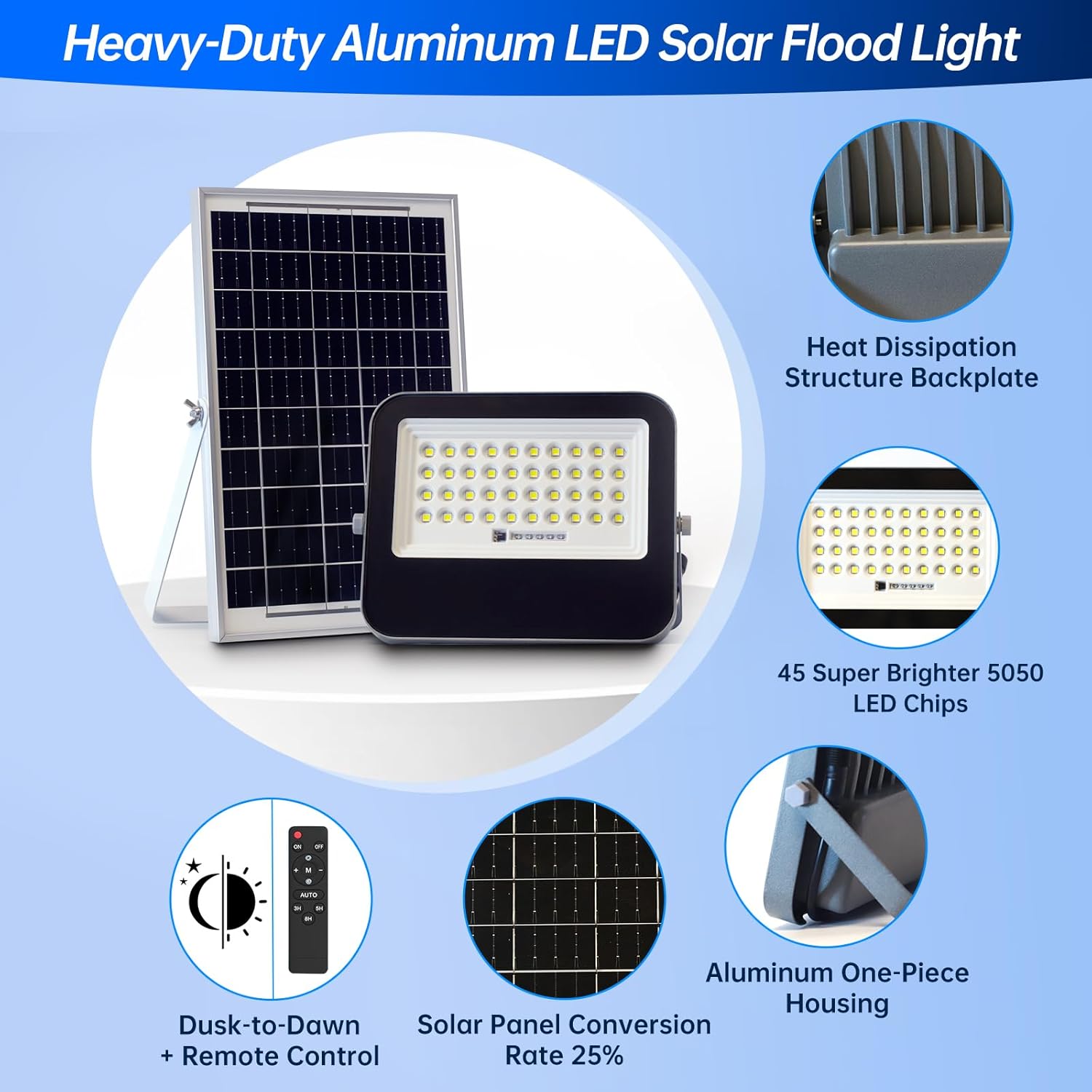LED Flood Light Outdoor,Heavy Duty Aluminum Solar Floodlight Dusk to Dawn,5000 Lumen Area Security Lighting Waterproof IP67 with Remote Control,Bright Exterior Lights for Wall, Shed, Patio, Garage