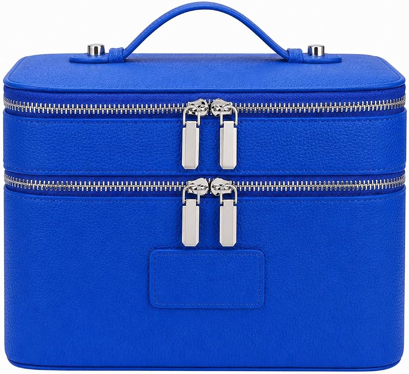 Necessaire de maquiagem idoltimes em couro, dupla camada, azul, para viagem