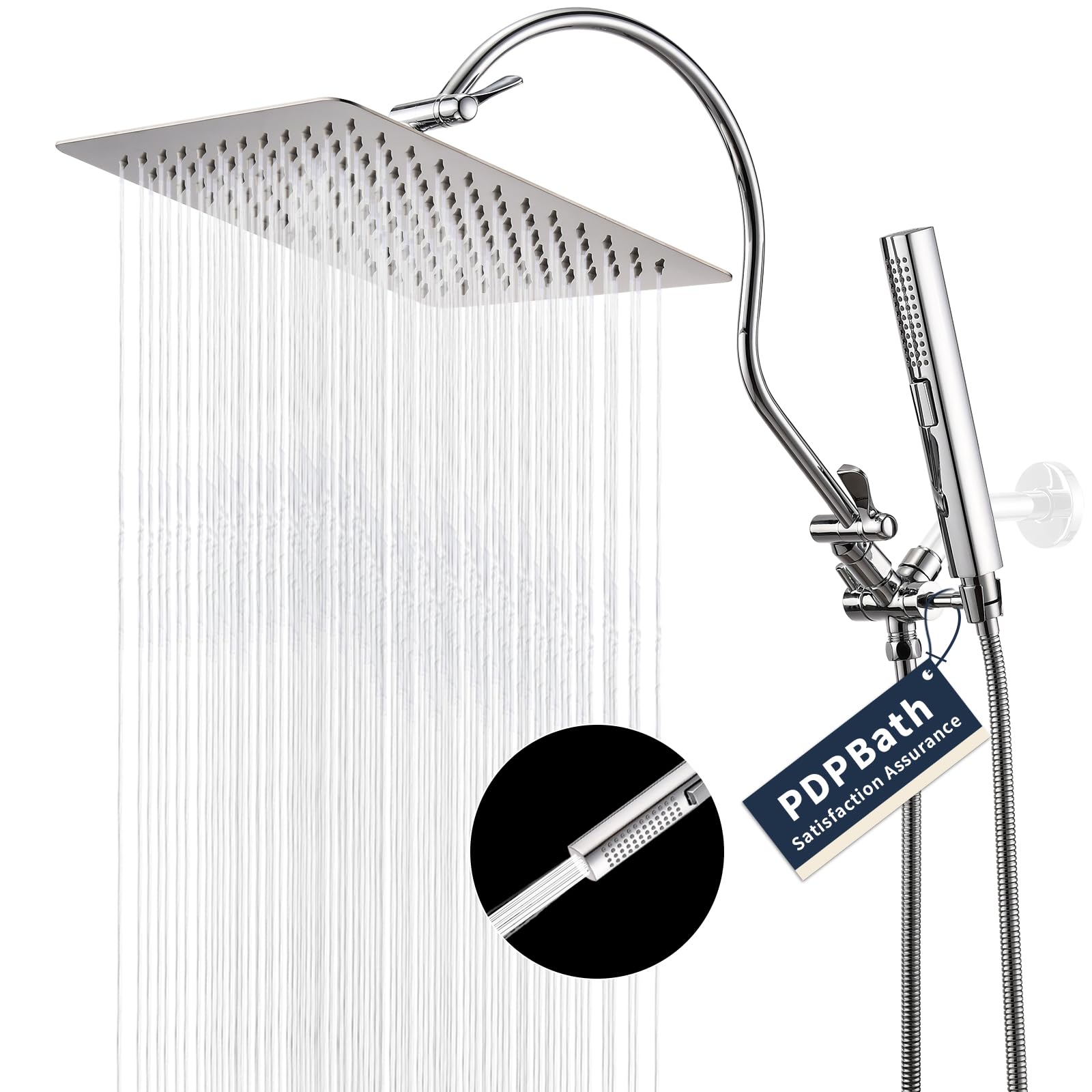 PDPBath Soffione doccia a pioggia in metallo con spray portatile, soffione doccia a pioggia ad alta pressione da 30,5 cm con braccio di estensione curvo regolabile da 40 cm, tubo extra lungo da 200,7