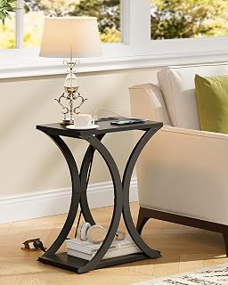 CHOEZON DTBZ20CBB Two-Tier Narrow Side Table, Narrow Bedside Table with Charging Station, Side Table with Socket, Sofa Table, Coffee Table for Small Spaces, Living Room, Bedroom, Black