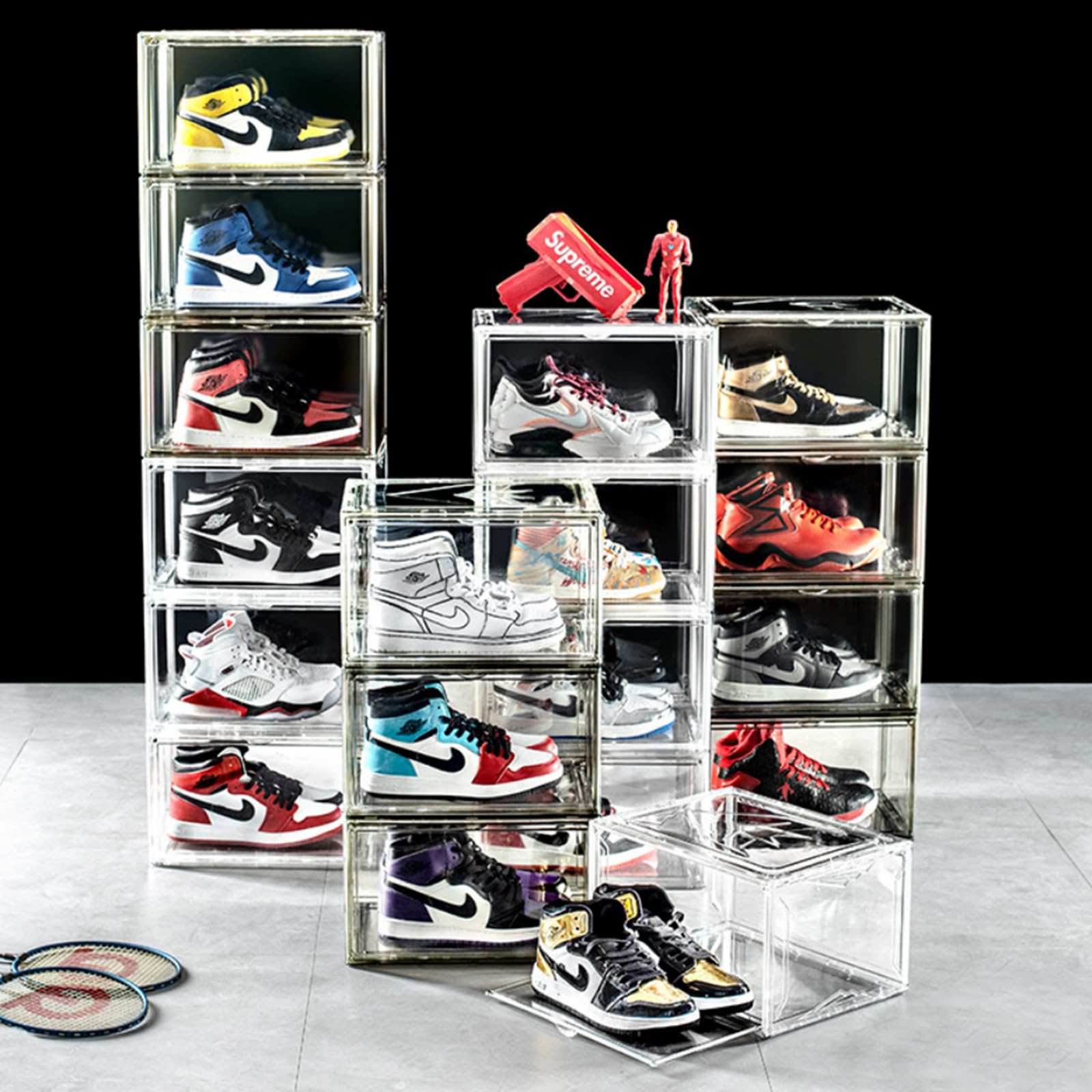 URbazaar 6 Pack Shoe Box Clear Stackable Acrylic Shoe Cabinet,Stackable Sneaker PET Display Case,Extra Large Sneaker Storage Box With Magnetic Side Open,Space Saving,Easy To Assemble Transparent-6pcs