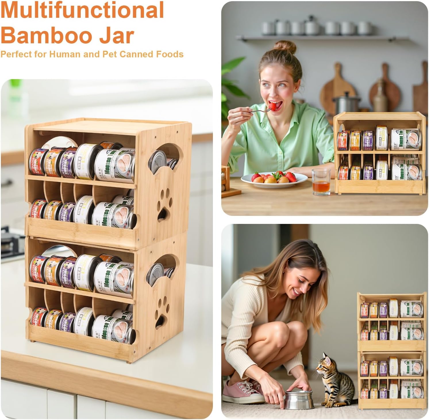 Upgraded Bamboo Cat Food Can Organizer - FIFO Pantry Storage Rack, Holds 42 (3oz) Cans, Stackable Pet Food Can Organizer for Kitchen Pantry (2)