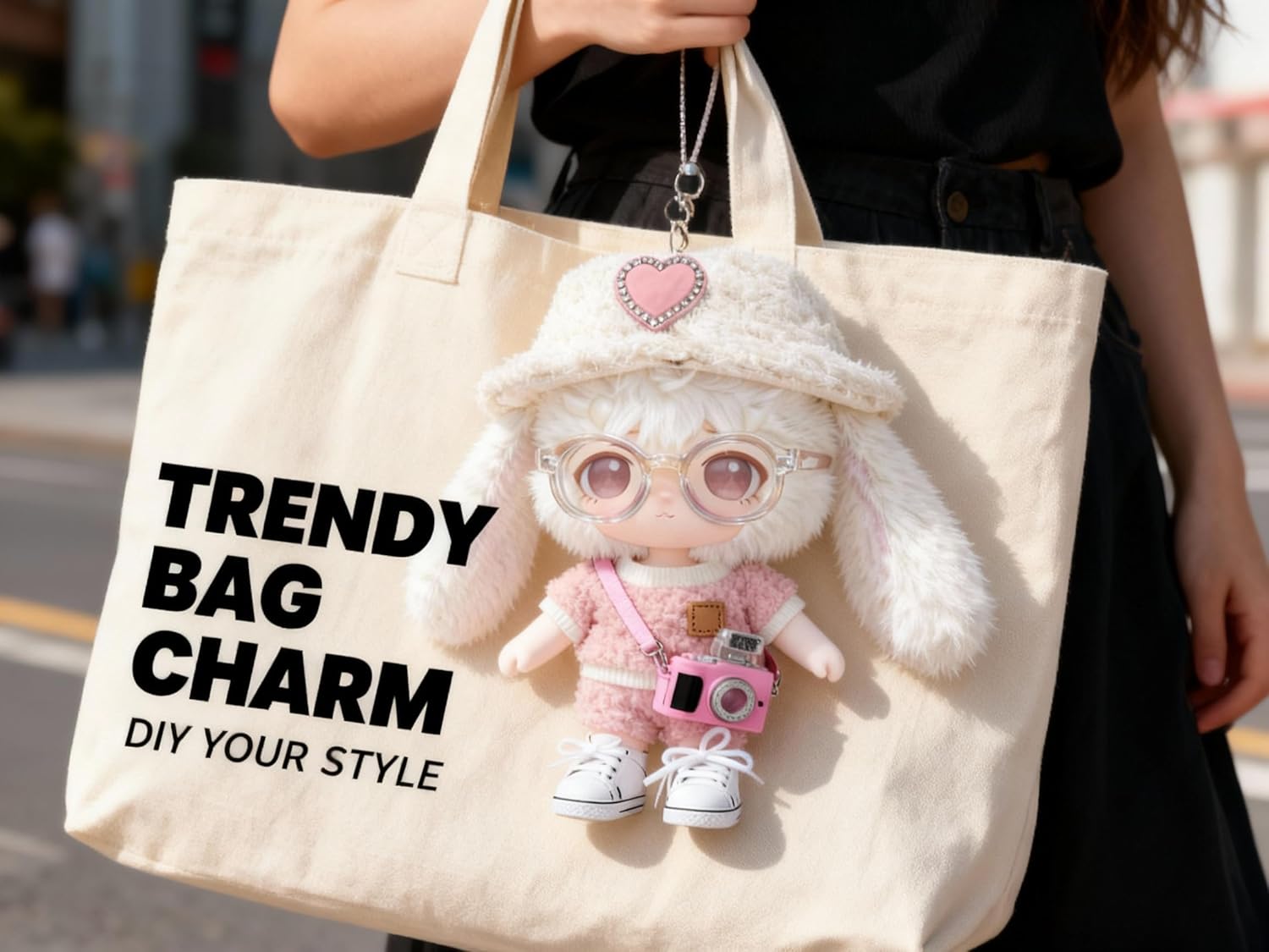 5-Piece Outfit Set for 17cm Plush Pendants - Fluffy Bucket Hat & Pink Top with Mini Camera, Glasses, Shoes - DIY Kawaii Accessories for 6.7" Vinyl-Face Monster Art Toys (Style B)