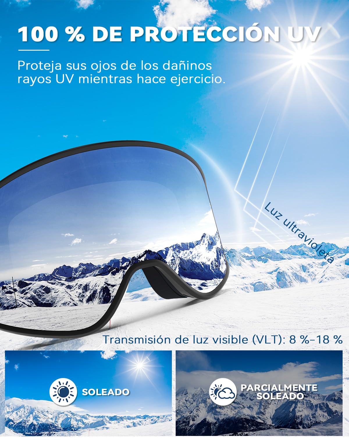 BEACOOL Gafas de Esquí,Anti-niebla, Anti-UV, Chop-Viento,OTG Gafas de ski para usuarios de gafas Hombres Mujeres,para Moto de Nieve, Escalada