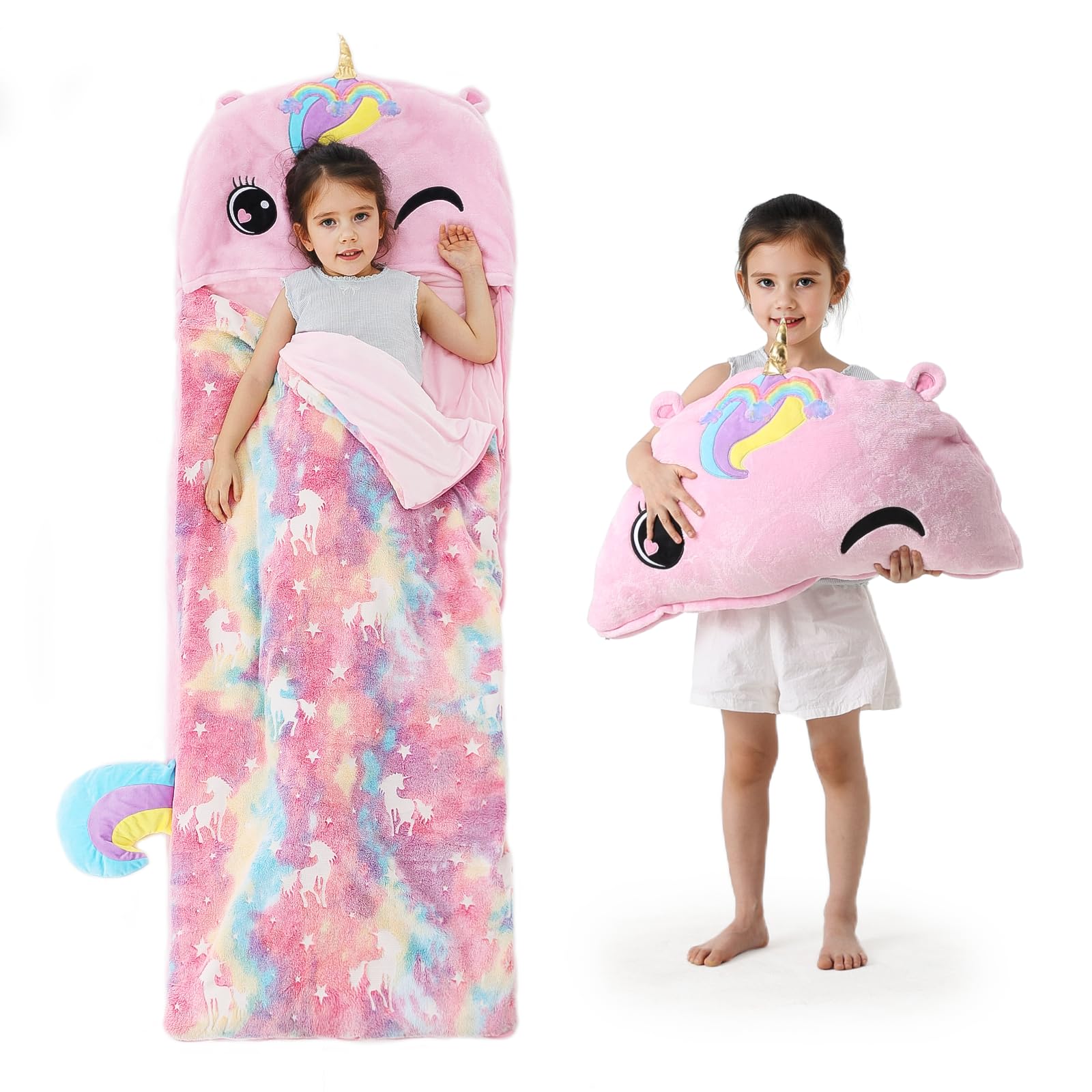 Kids Sleeping Bag Plush Toddler Slumber Bag 2-in-1 Pillow Soft Sleeping Bag Nap Mats for Preschool Daycare Travel