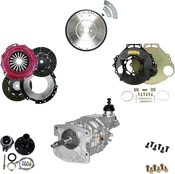 طقم تحويل ناقل الحركة والقابض بخمس سرعات من Speedway Motors SBF TKX 50 Balance يتضمن Tremec TKX، وقابض قرصي مزدوج من Ram، وغطاء جرس من الفولاذ، وأجهزة ARP