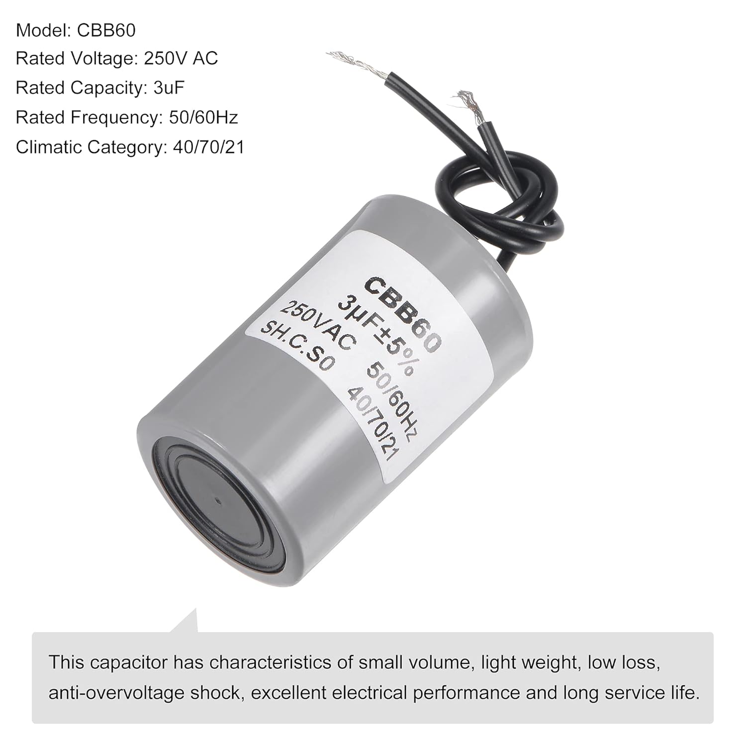 MECCANIXITY CBB60 Run Capacitor 3uF 250V AC 2 Wires 50/60Hz Cylinder Motor Running Capacitor 54x34mm for Air Compressor Water Pump
