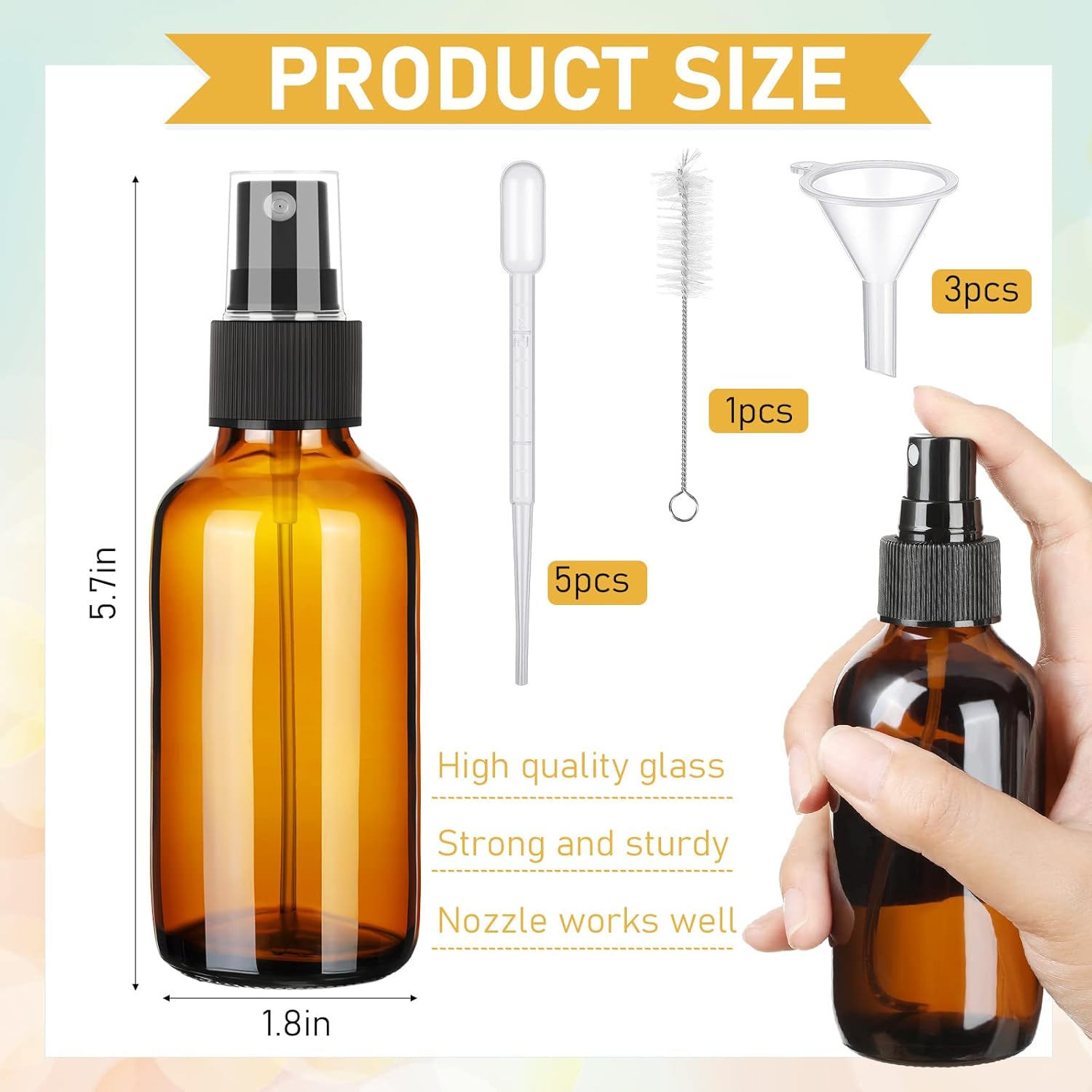 Nuogo 50 Pieces Mini Glass Spray Bottles Bulk 4 Oz Fine Mist Glass Bottles with Funnel Dropper and Cleaning Brush Refillable for Essential Oils, Perfumes and Aromatherapy(Brown)