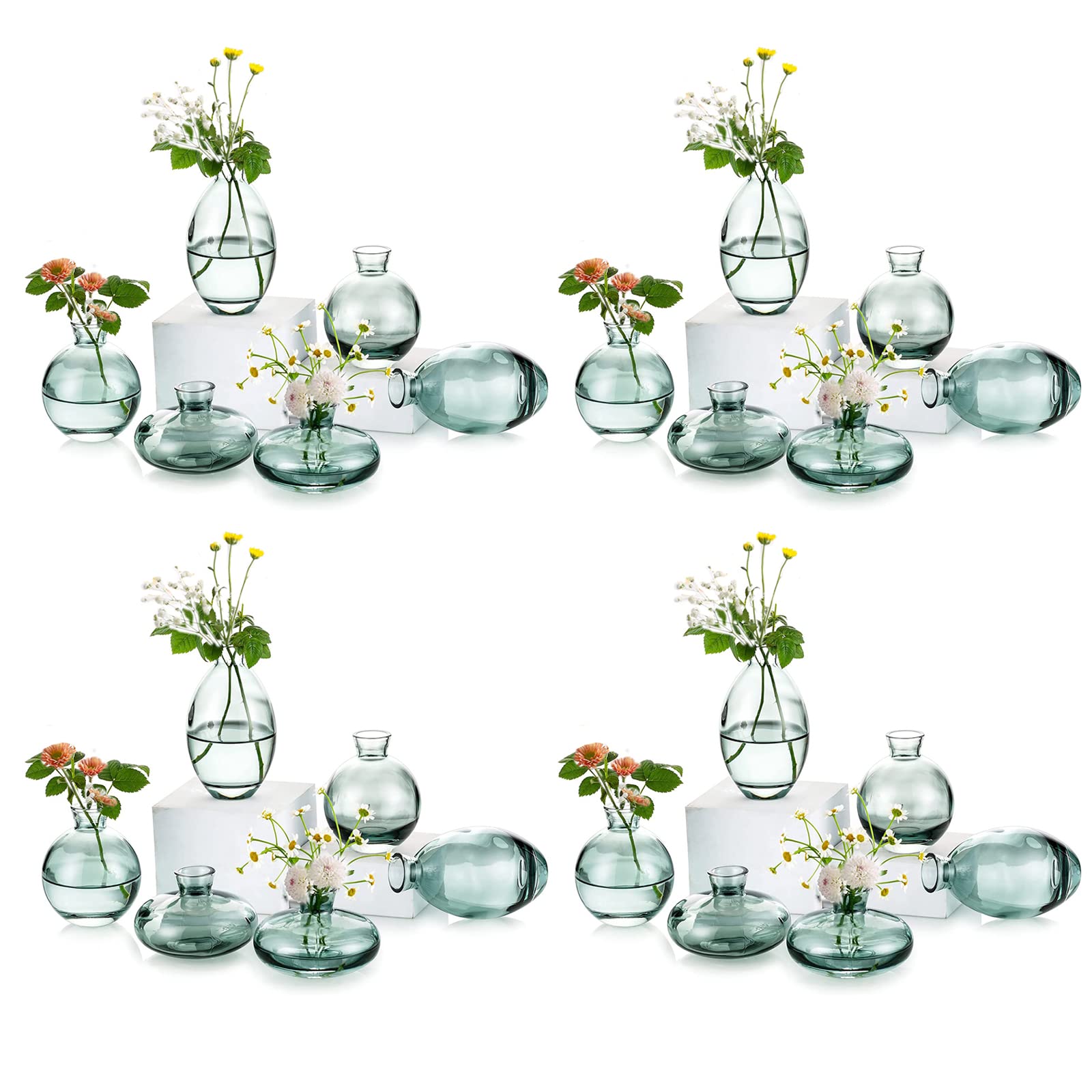 EylKoi Mini Glas Vasen Set – 8 Stück, Verschiedene Formen, Grün, Für Kleine Blumen, Tischdeko & Hochzeit